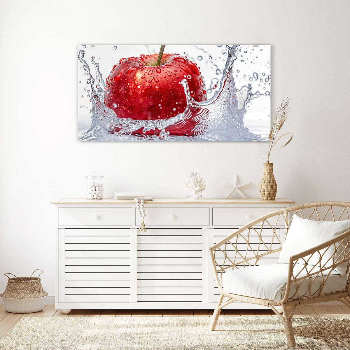 Echtglas, 4 mm – kein Acryl, keine Folie – Wandbild - Roter Apfel im Spritzer - Querformat
