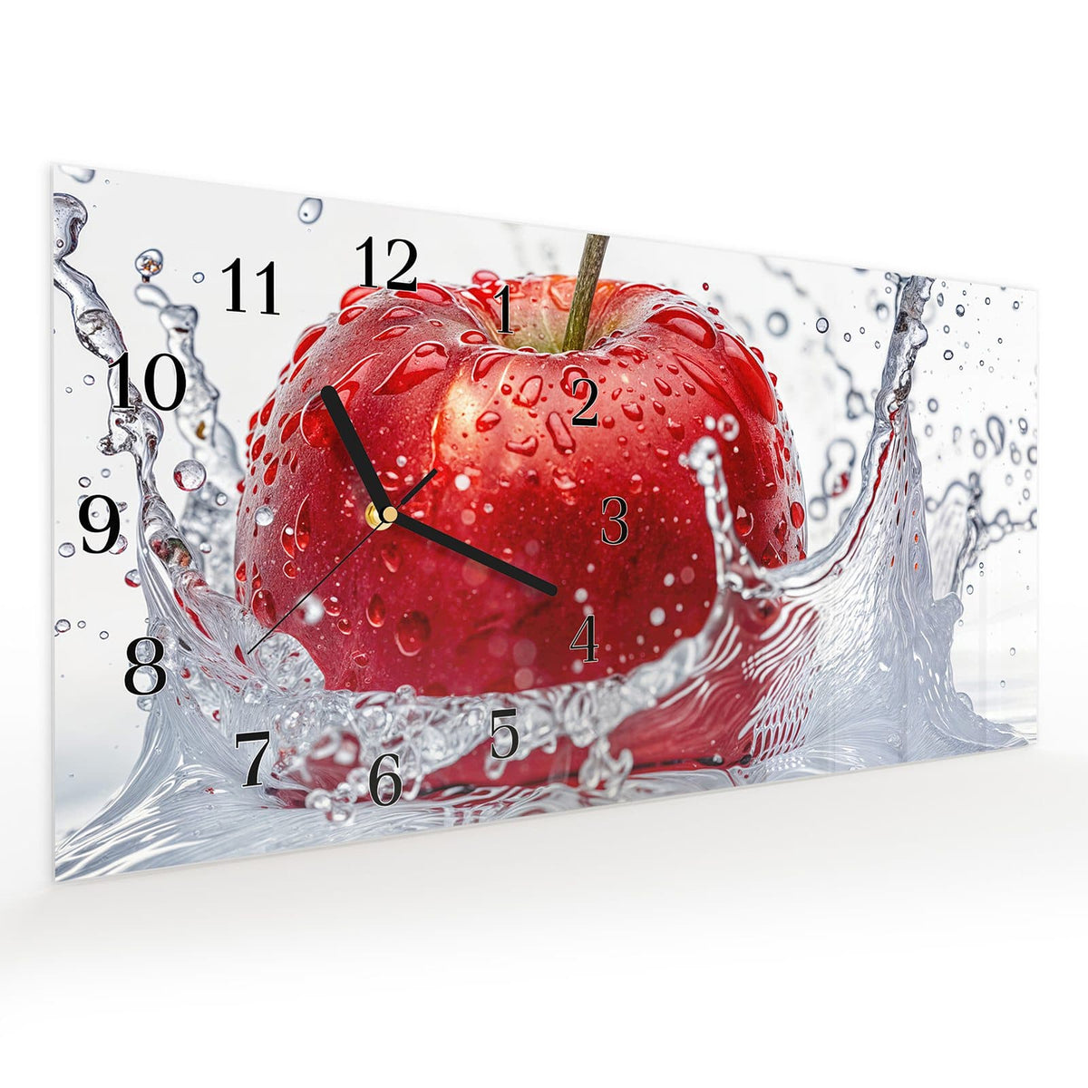 Vormontiert – mit Schwebeeffekt – Wanduhr Spritzender Apfel aus Glas – Querformat 60 × 30 cm