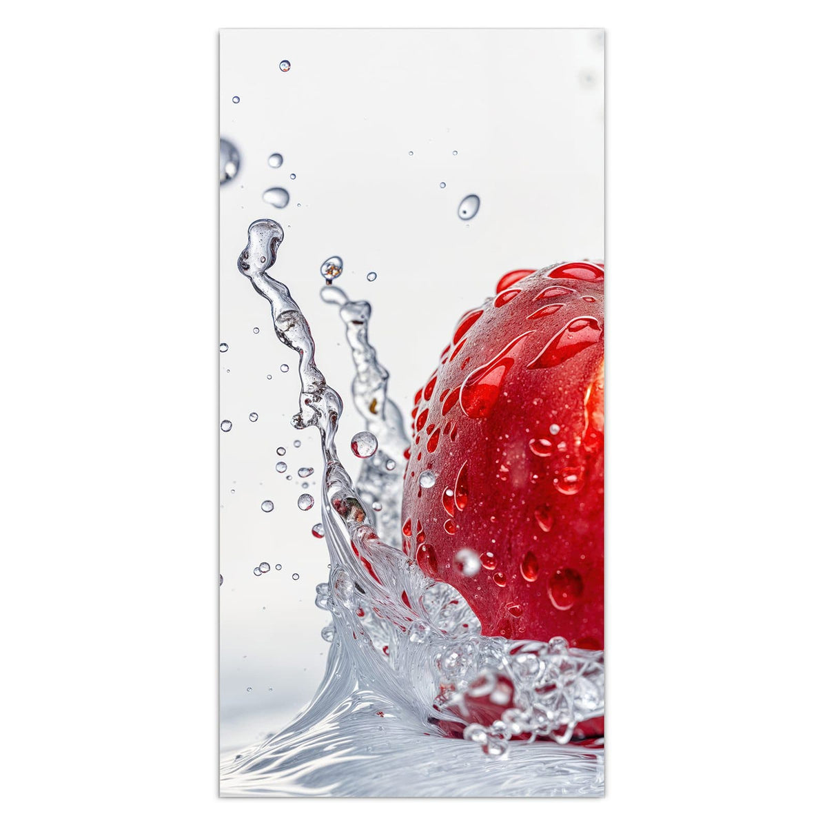 11 Größen – von 30 × 60 bis 60 × 150 cm – Wandbild - Roter Apfel im Spritzer - Hochformat