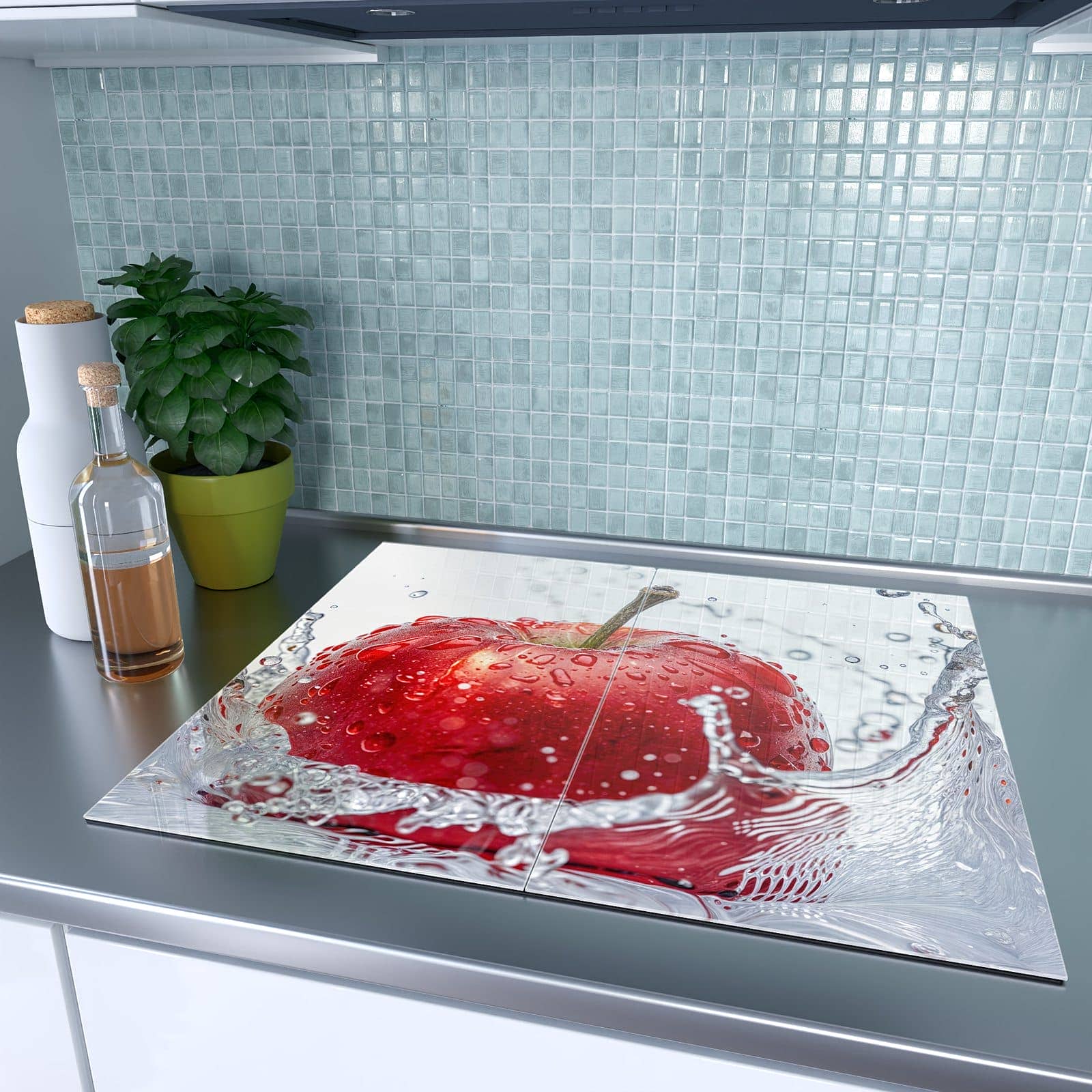 2-teilige Abdeckplatten für Ceranfeld mit Spritzender Apfel-Motiv auf dem Ceranfeld