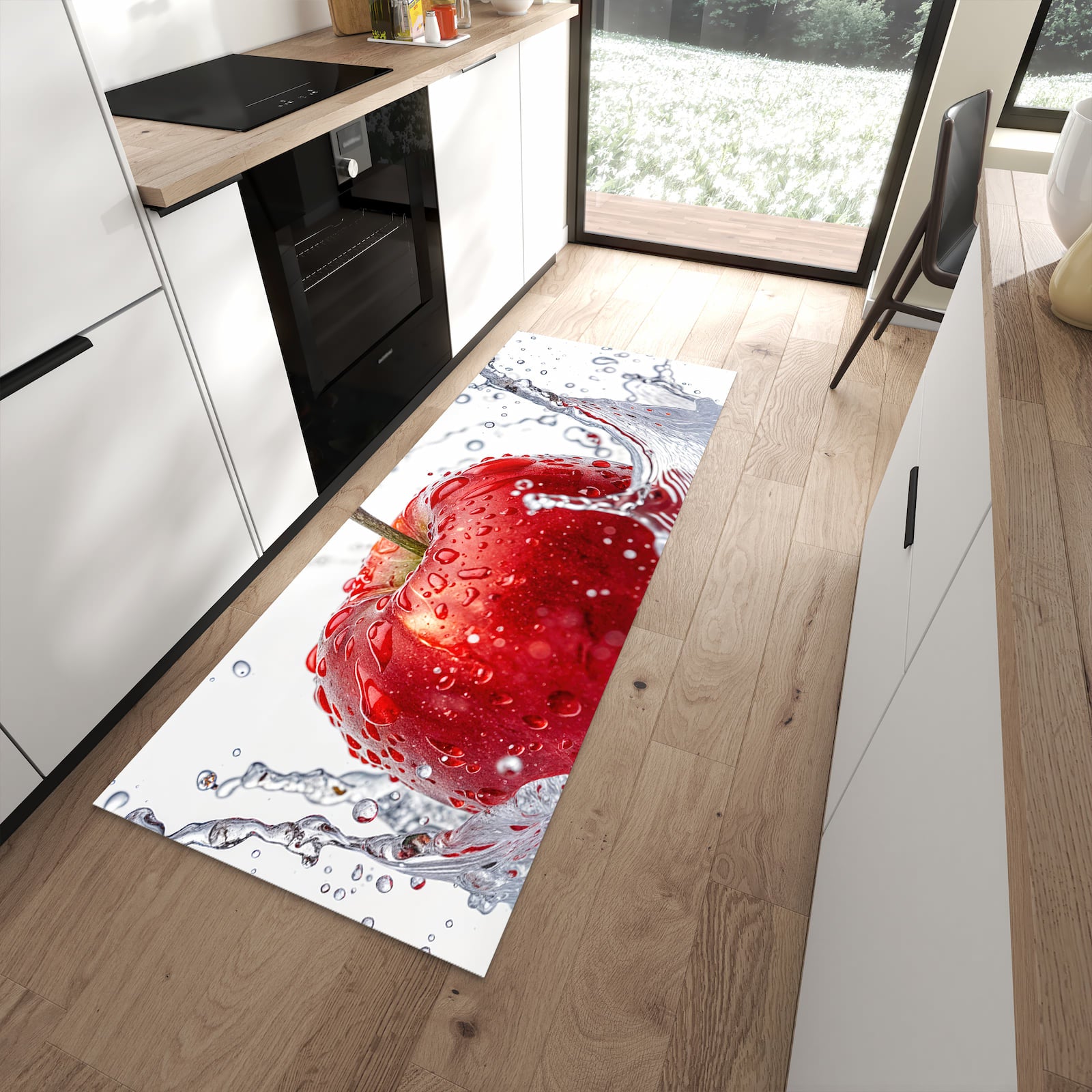 Langlebiger Küchenteppich mit Motiv Spritzender Apfel in moderner Küche