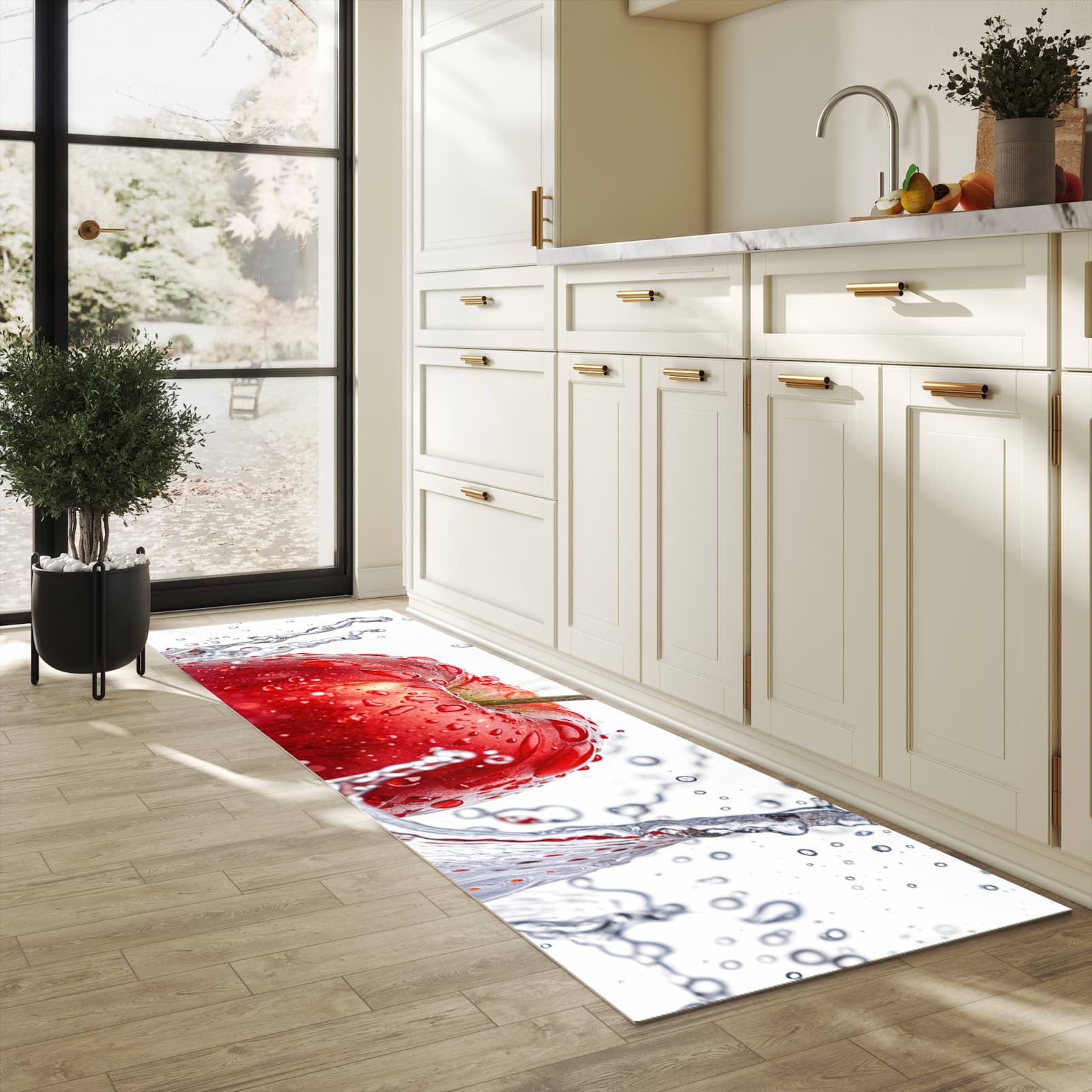 Hygienischer rutschfester Küchenteppich mit Motiv Spritzender Apfel in heller Küche