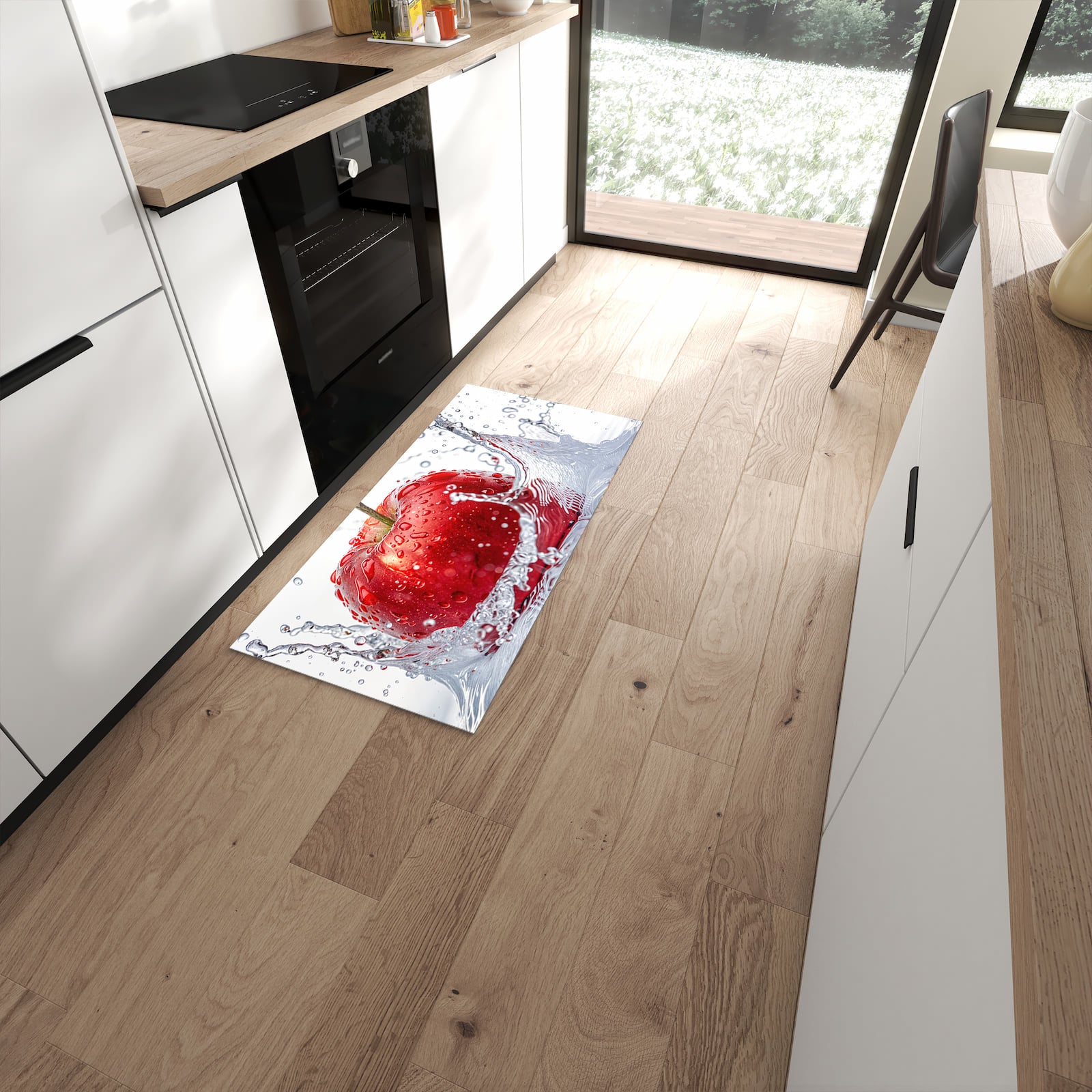 Abriebfester waschbarer Teppich fürs Esszimmer mit Motiv Spritzender Apfel in moderner Küche #grösse_60 x 120 cm