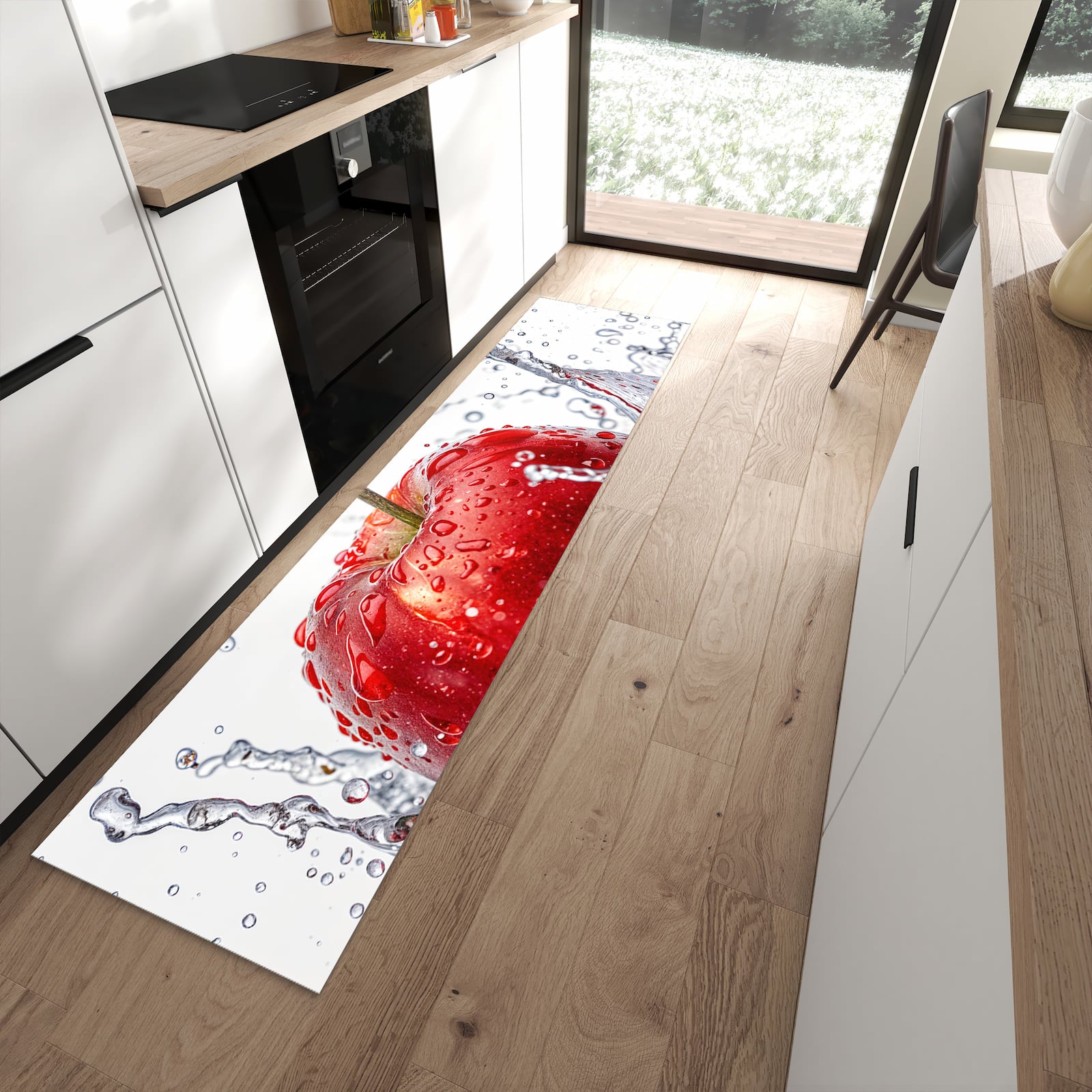 Wasserabweisender Bodenläufer mit Motiv Spritzender Apfel in moderner Küche