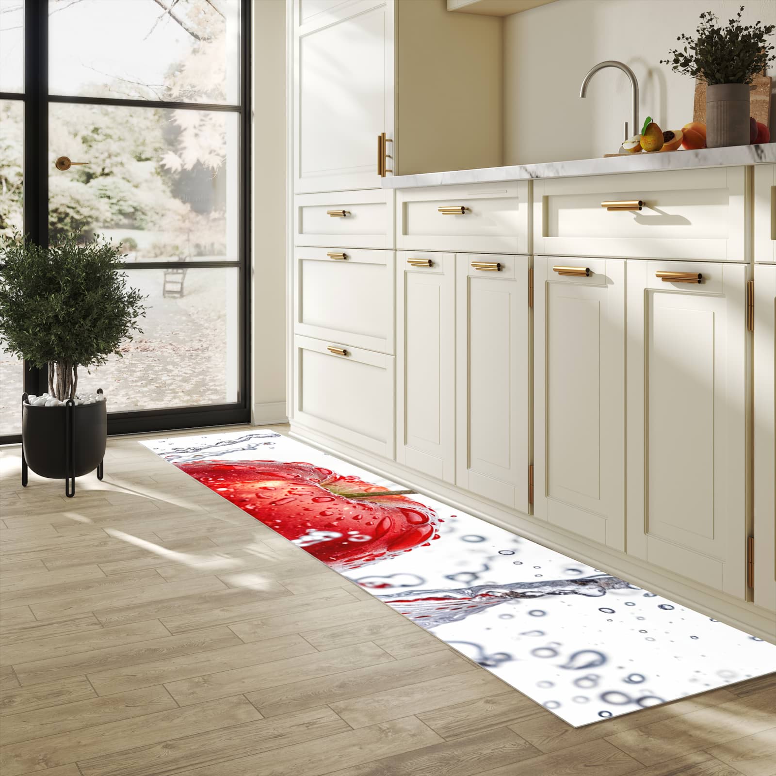 Komfortabler rutschfester Küchenteppich mit Motiv Spritzender Apfel in heller Küche