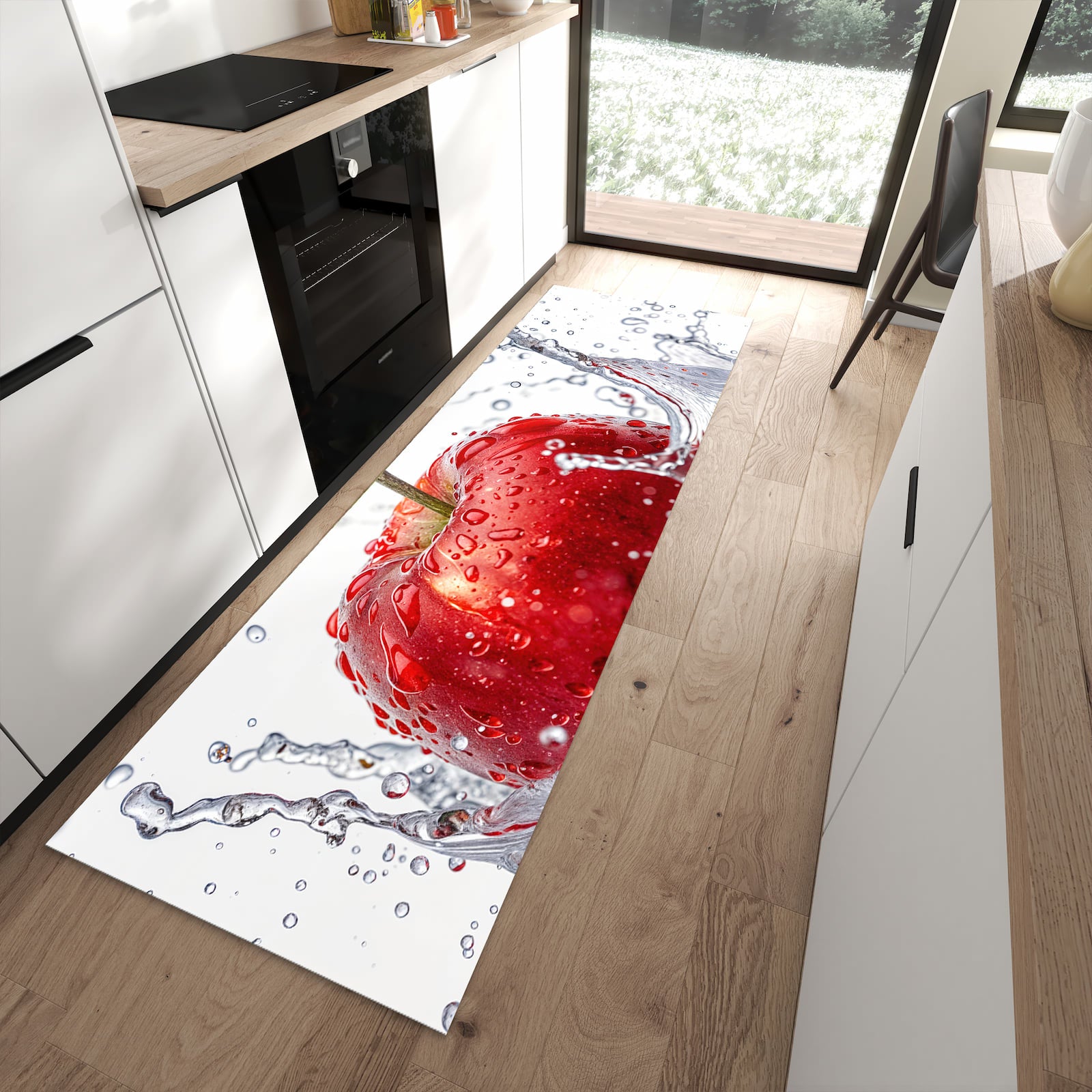 Flacher Küchenteppich mit Motiv Spritzender Apfel in moderner Küche für rutschfesten Stand