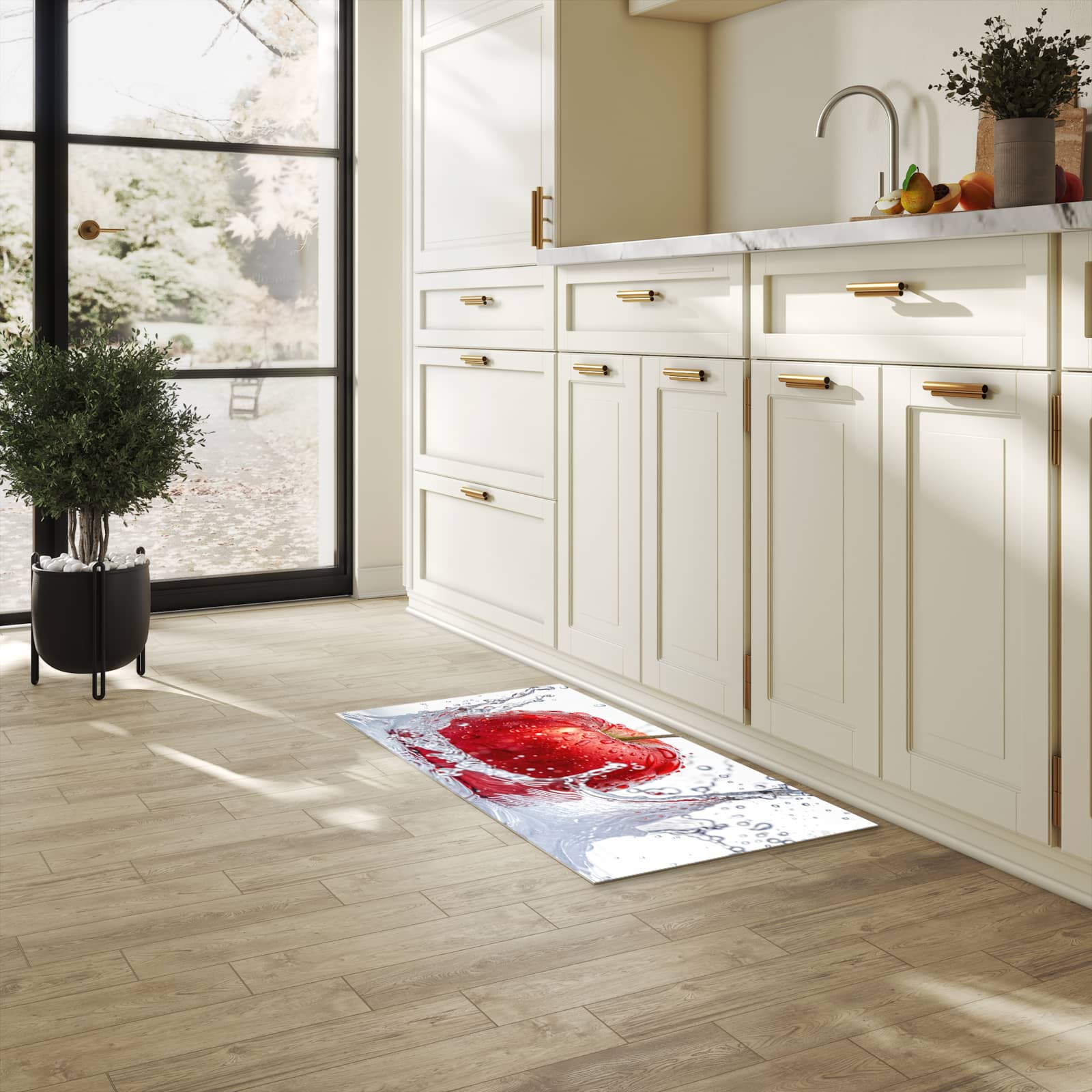 Schmutzabweisender waschbarer Küchenläufer mit Motiv Spritzender Apfel in heller Küche