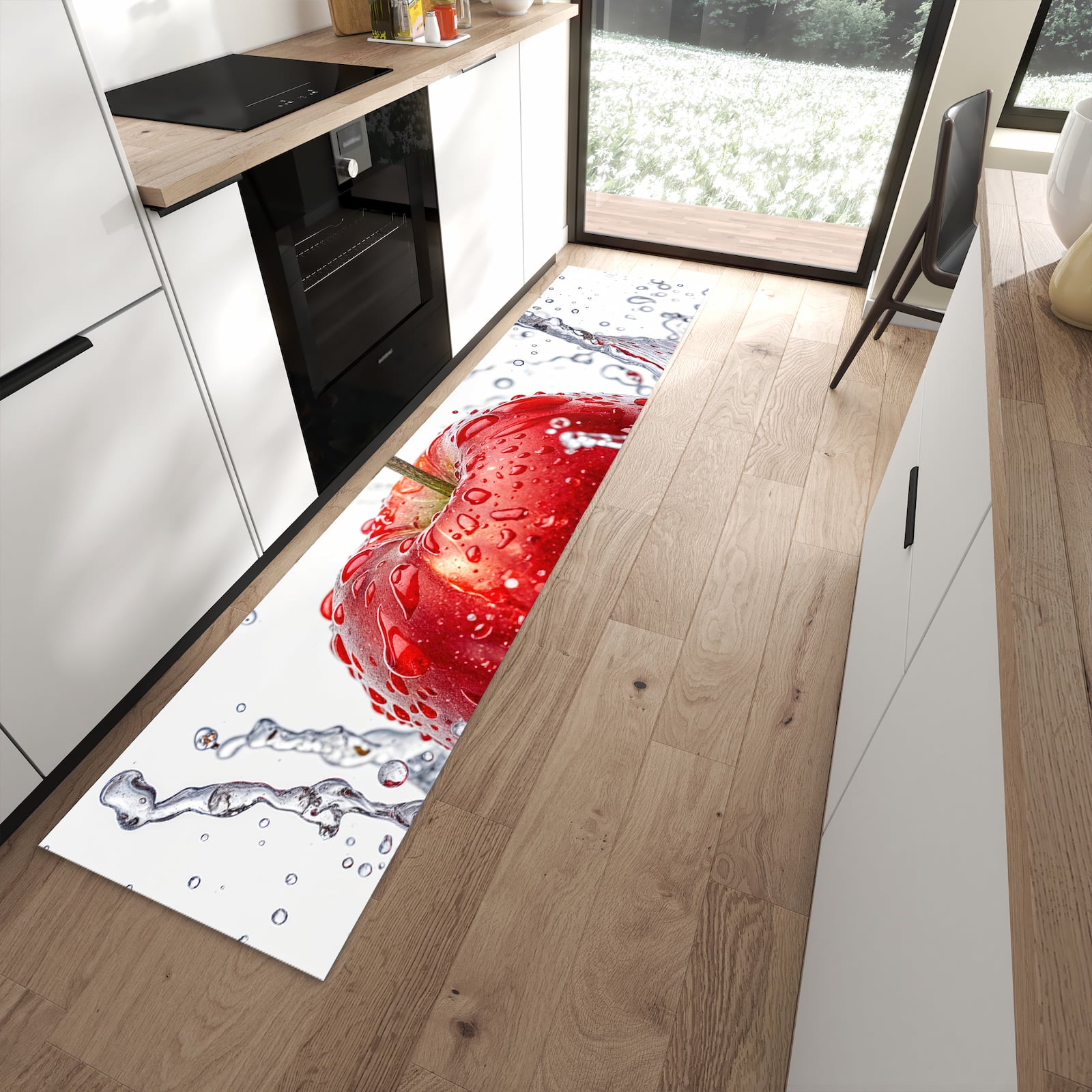 Fleckenresistenter Bodenläufer mit Motiv Spritzender Apfel in moderner Küche