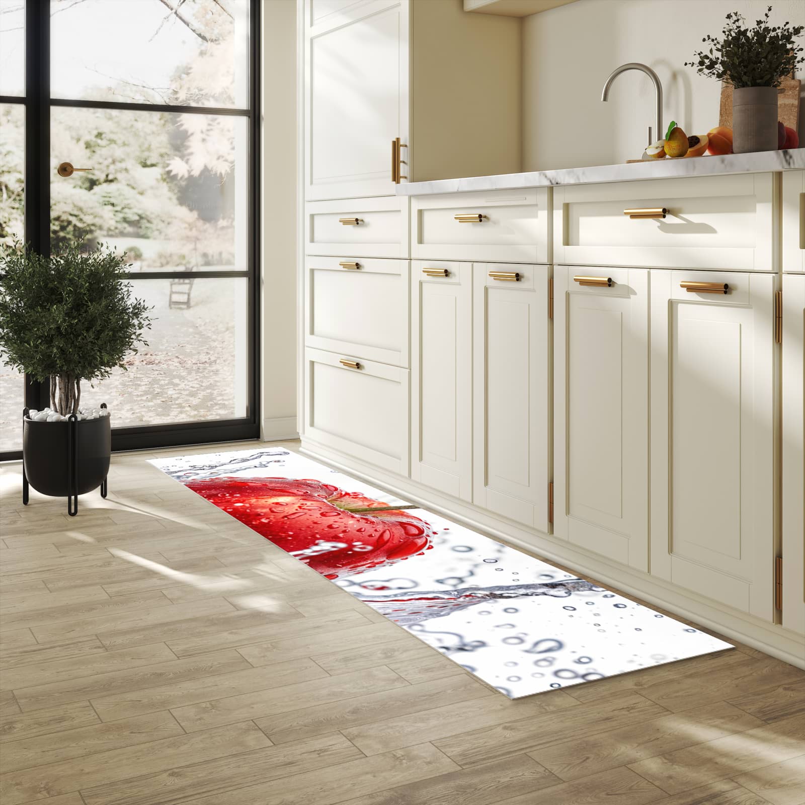 Pflegeleichter dünner Teppich mit Motiv Spritzender Apfel in heller Küche