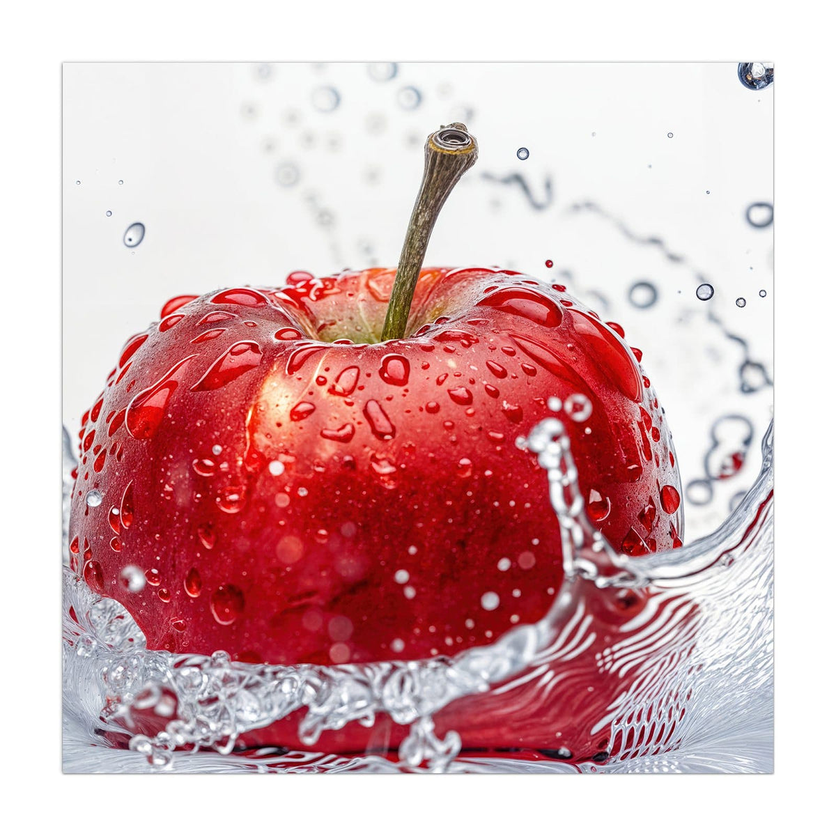 Roter Apfel mit Wassertropfen in klarem Wasserspritzer vor Weiß