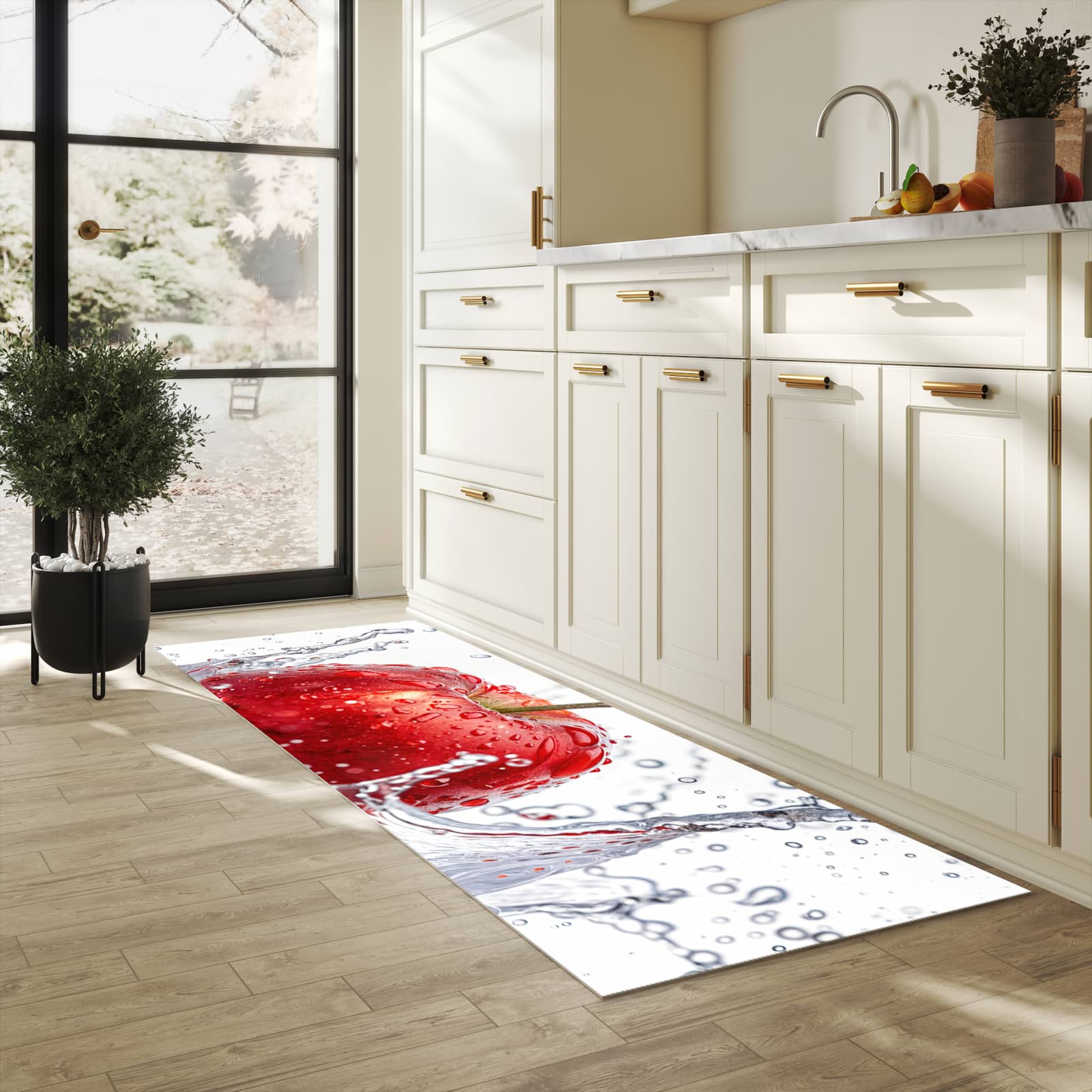Küchenteppich mit angenehmer Haptik und Motiv Spritzender Apfel in heller Küche, waschbar