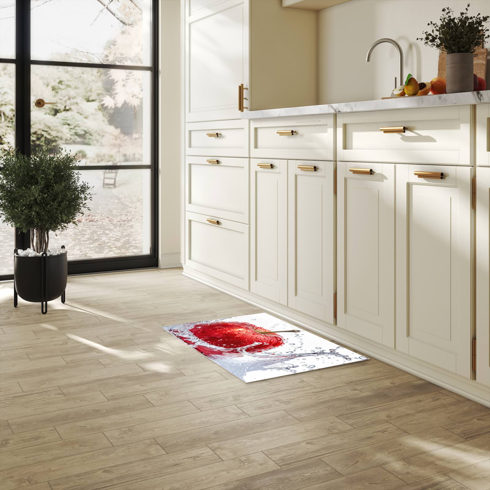 Rutschfester dünner Küchenteppich mit Motiv Spritzender Apfel in heller Küche