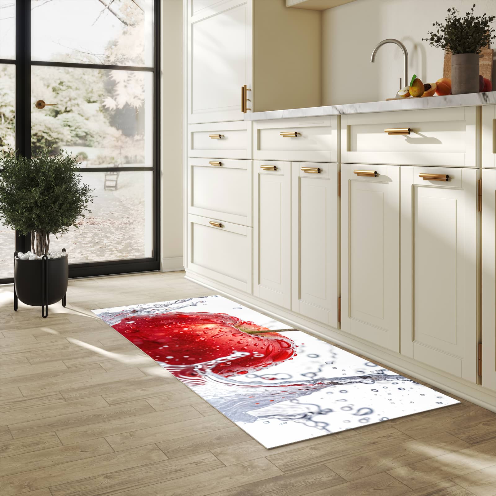 Waschbarer Teppich fürs Esszimmer mit Motiv Spritzender Apfel in heller Küche