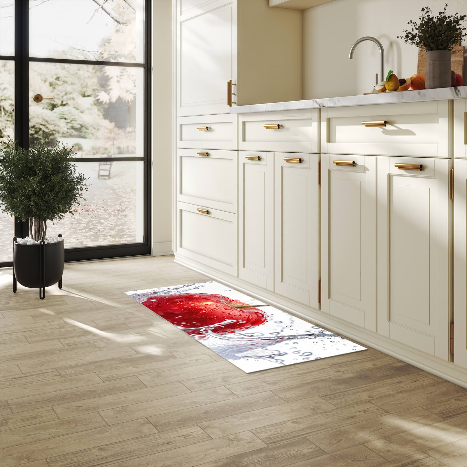 Geruchsneutraler langer Teppich mit Motiv Spritzender Apfel in heller Küche
