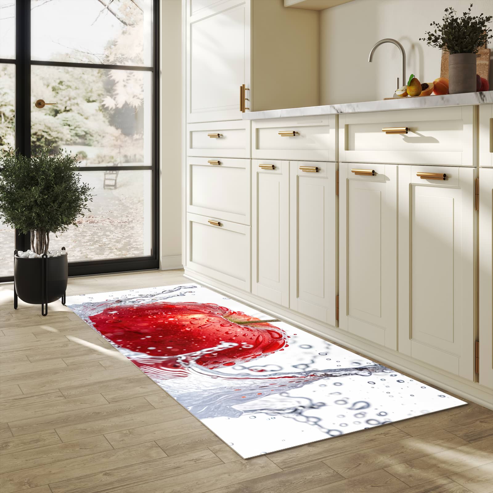 Langlebiger Küchenteppich mit Motiv Spritzender Apfel in heller Küche