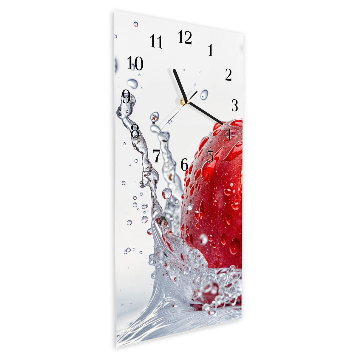 Vormontiert – mit Schwebeeffekt – Wanduhr Spritzender Apfel aus Glas – Hochformat 30 × 60 cm