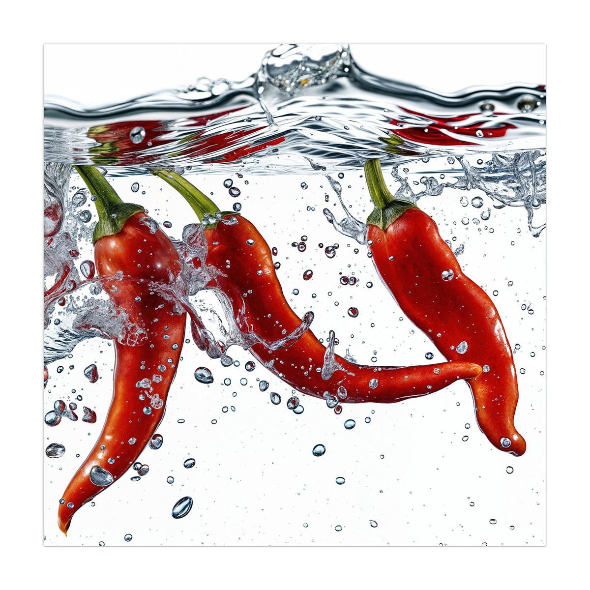 Küchenrückwand aus Glas Drei Chilis im Wasser im quadratischen Format, Motiv bildfüllend von vorn