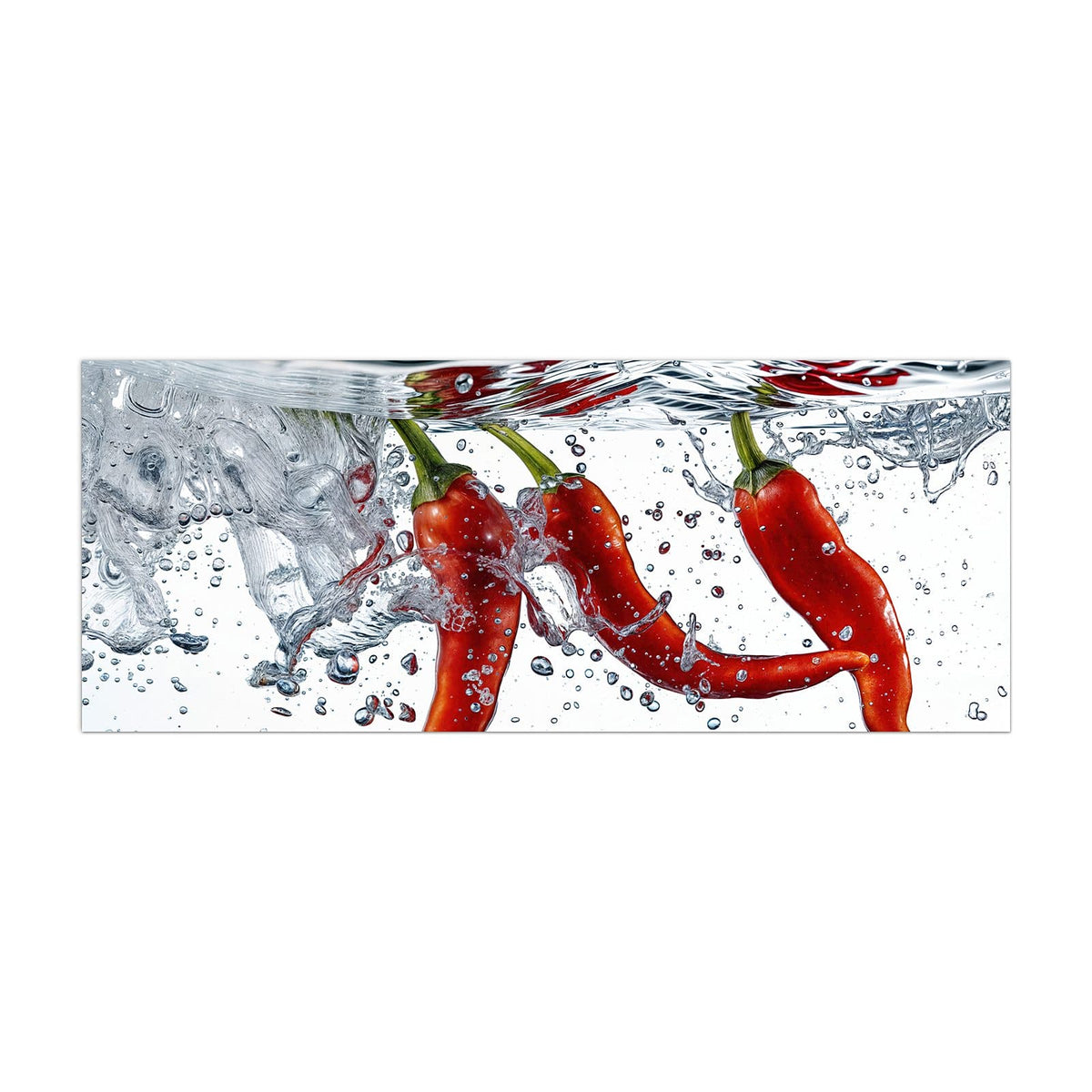Küchenrückwand aus Glas Drei Chilis im Wasser im Hochformat, Motiv bildfüllend von vorn
