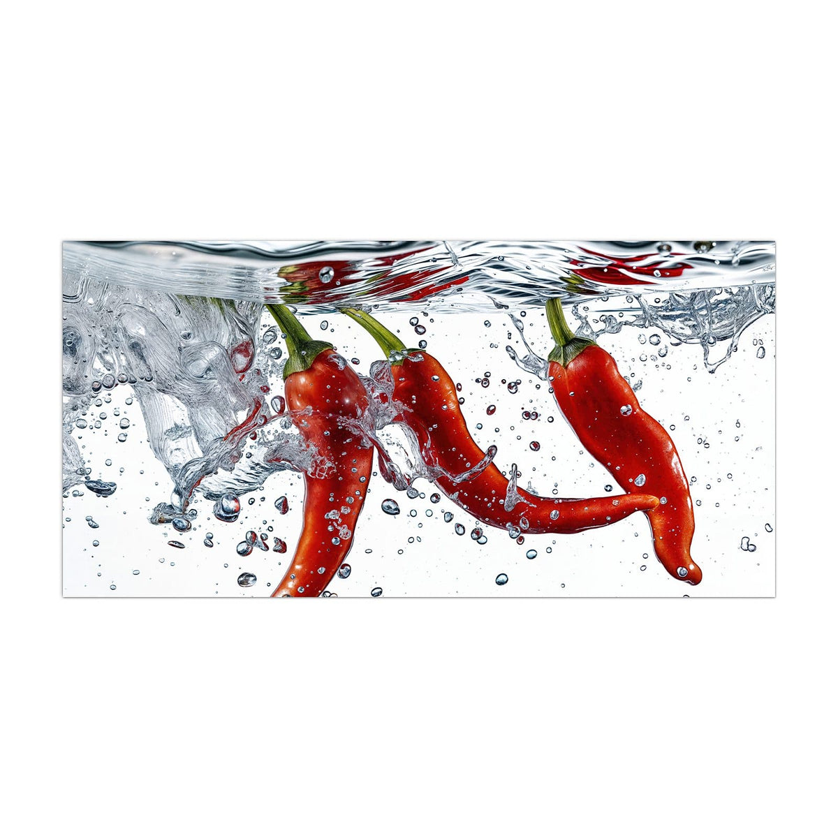 Küchenrückwand aus Glas Drei Chilis im Wasser im Hochformat, Motiv bildfüllend von vorn