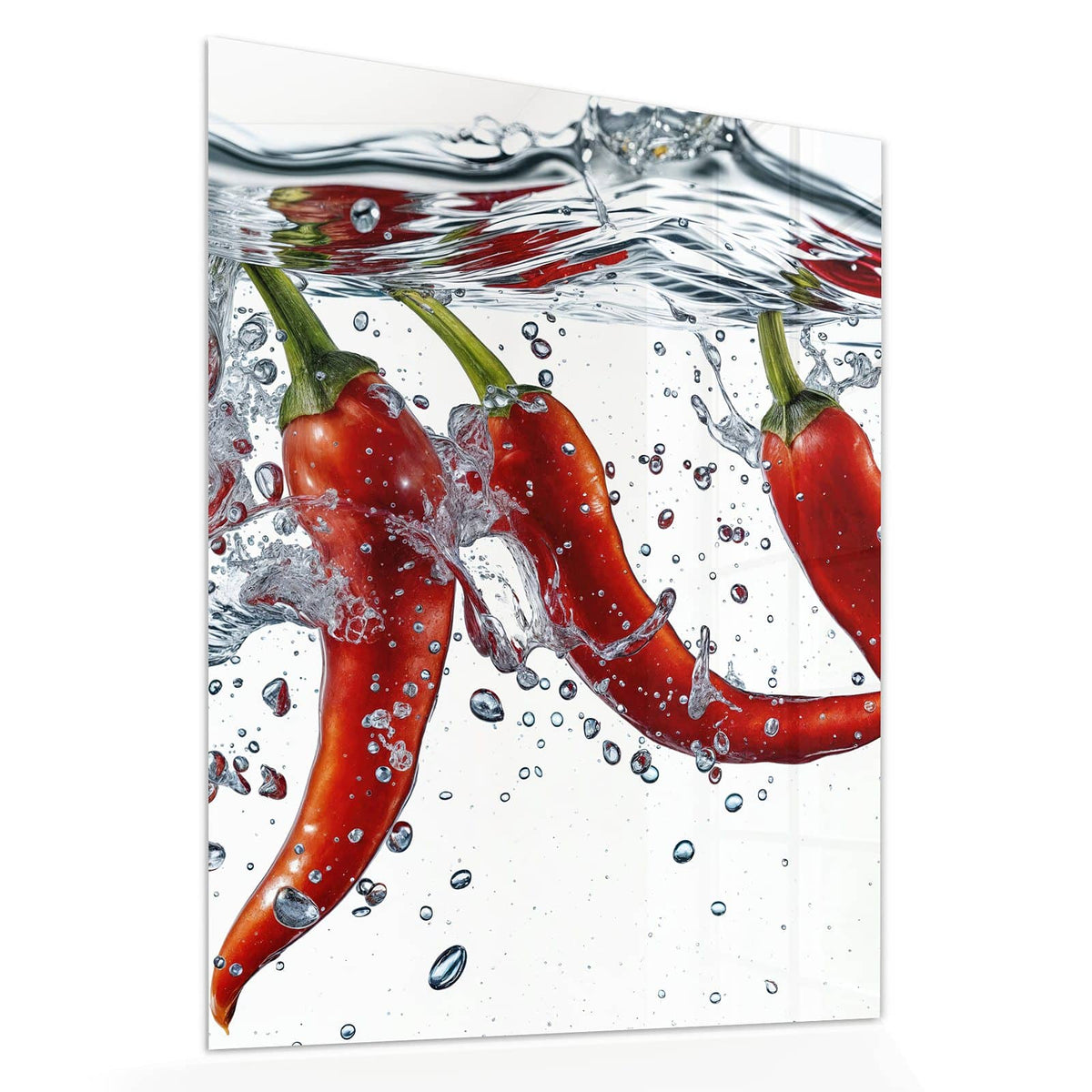 Echtglas, 4 mm – kein Acryl, keine Folie – Wandbild - Drei Chilis im Wasser - Hochformat