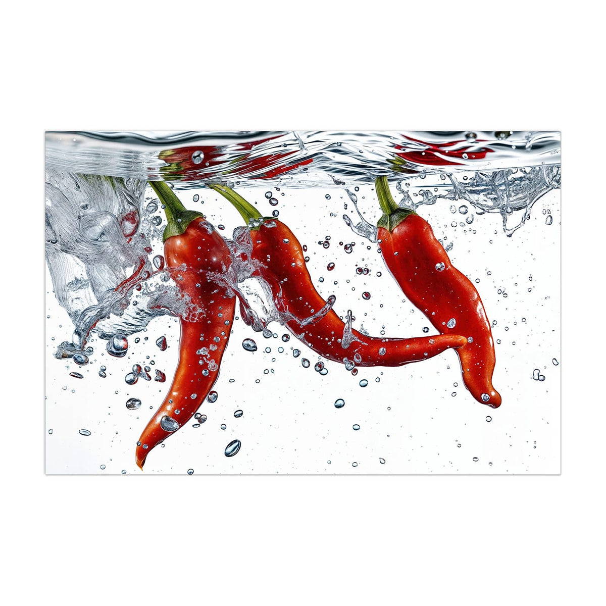 Küchenrückwand aus Glas Drei Chilis im Wasser im Hochformat, Motiv bildfüllend von vorn