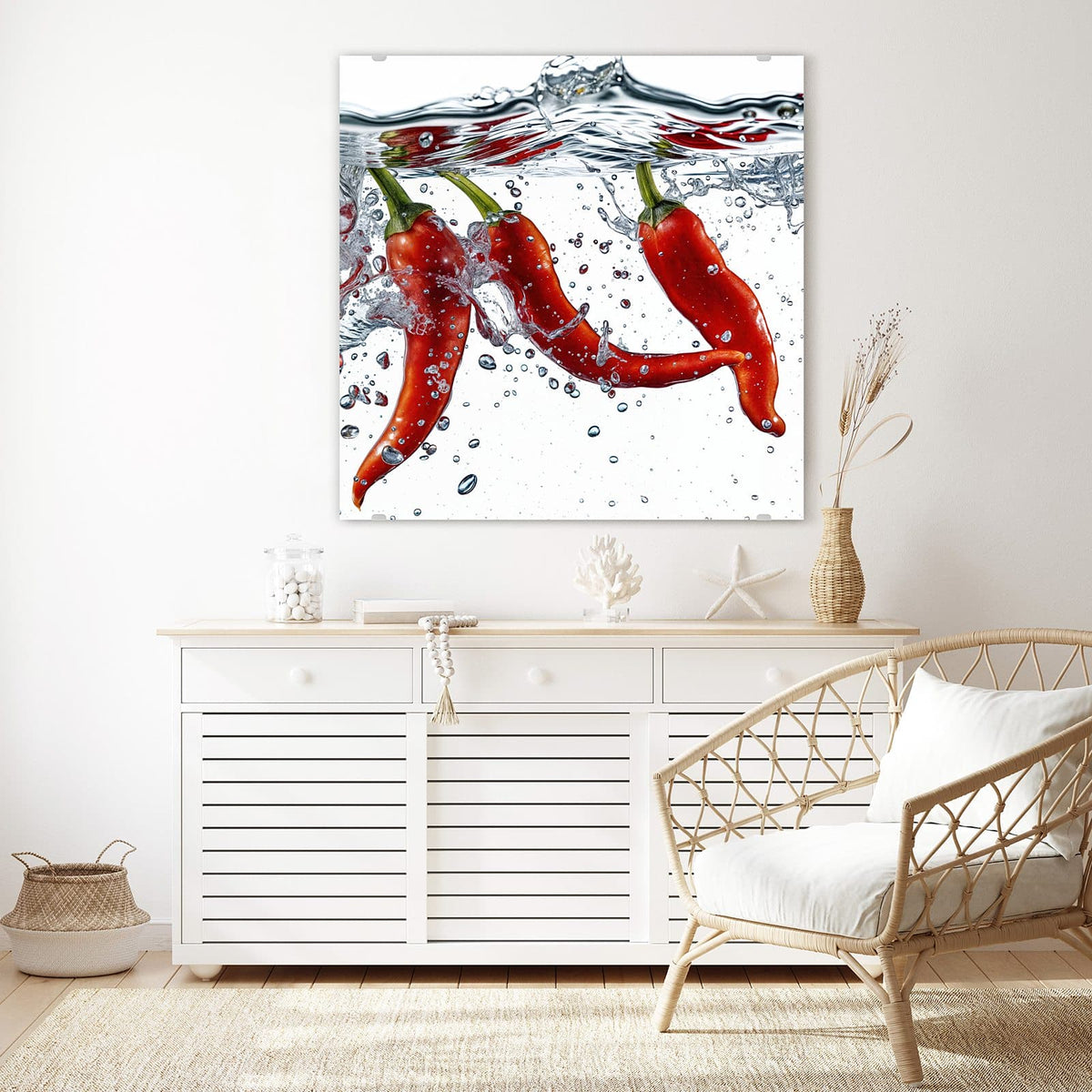 Echtglas, 4 mm – kein Acryl, keine Folie – Wandbild - Drei Chilis im Wasser - Quadratisch