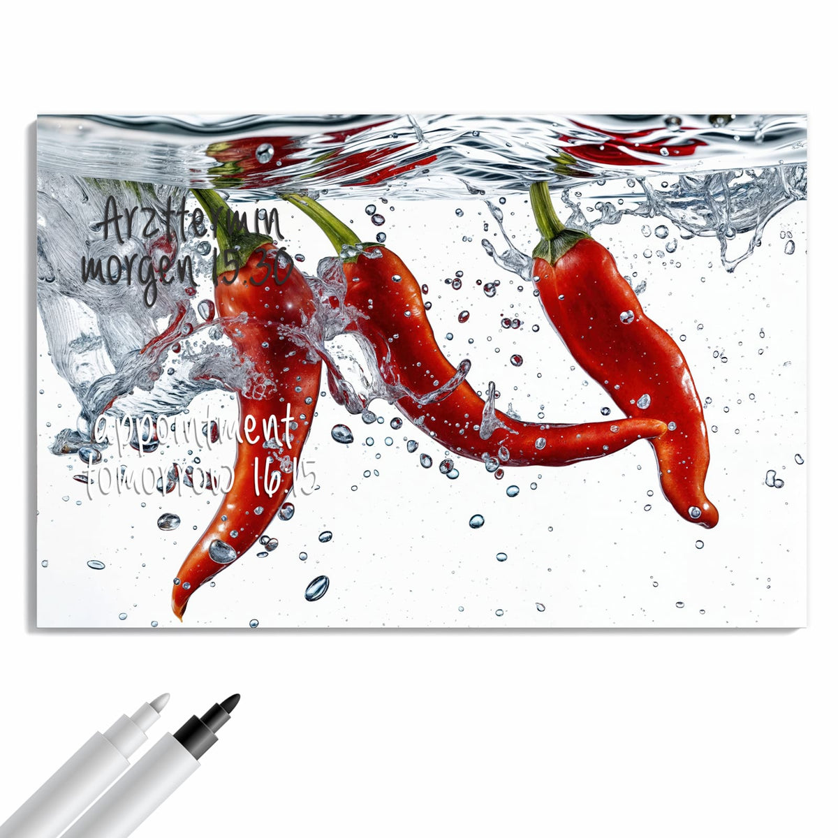 Beschreiben, abwischen, anheften – Metall Magnettafel - Drei Chilis im Wasser