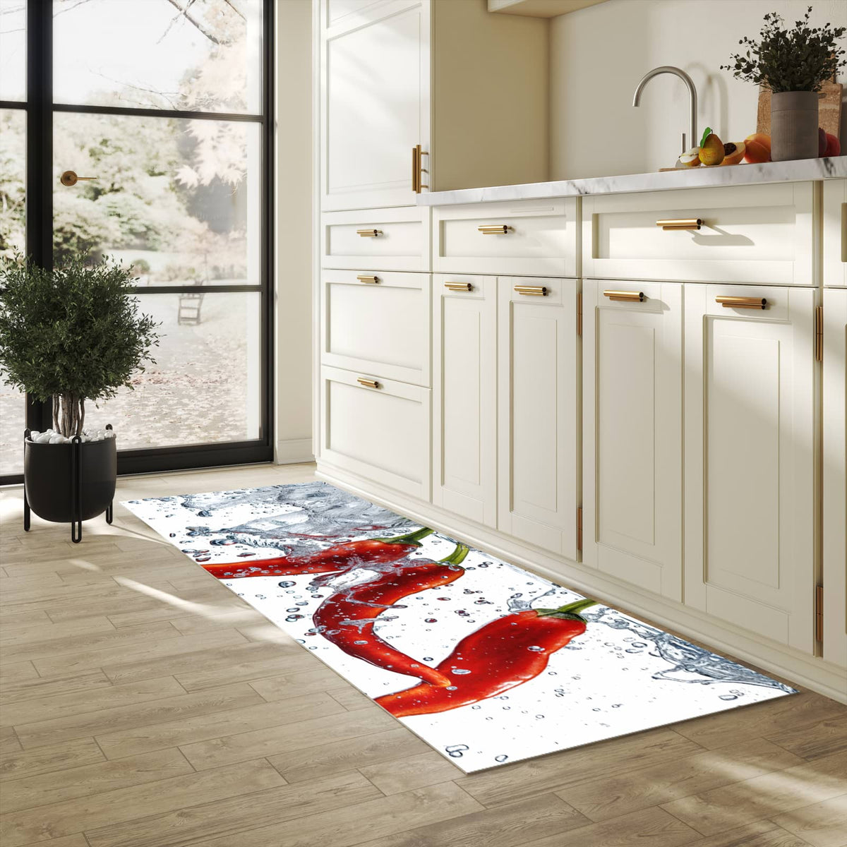 Abriebfester waschbarer Teppich Küche mit Motiv Chilis im Wasser in heller Küche