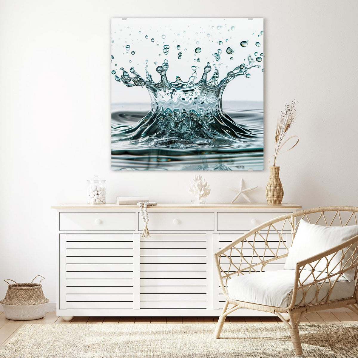 Echtglas, 4 mm – kein Acryl, keine Folie – Wandbild - Spritzende Wasserkrone - Quadratisch