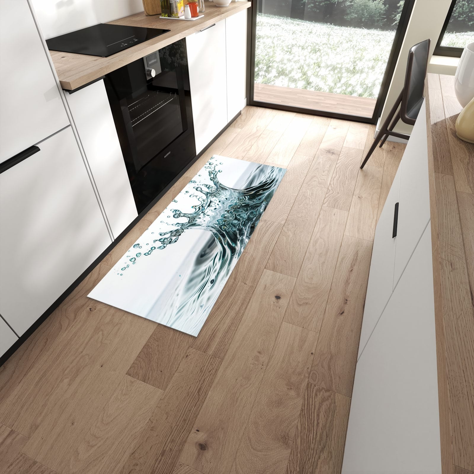 Wasserabweisender Küchenteppich mit Motiv Wassertropfen Splash in moderner Küche #grösse_60 x 150 cm