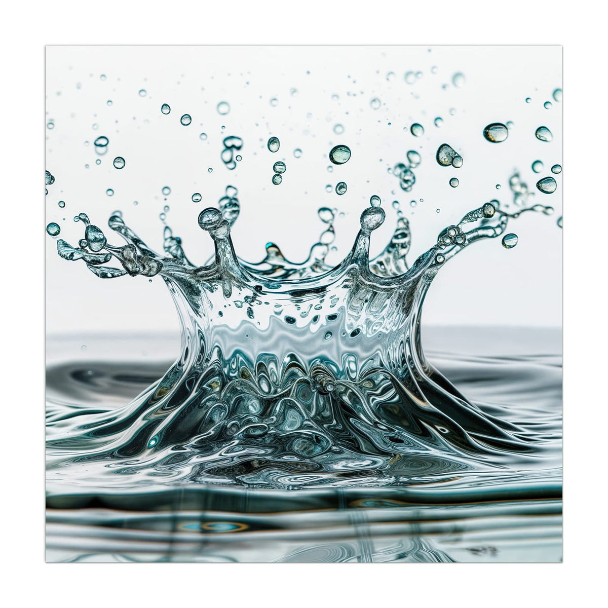 Eine aufspritzende Wasserkrone mit fliegenden Tropfen über einer ruhigen Wasserfläche