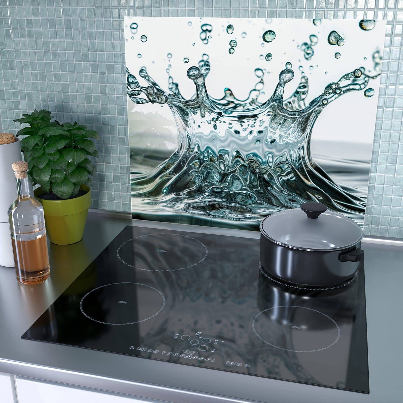 1-teilige Herdabdeckplatte aus Glas mit Wassertropfen Spritzer-Motiv als Spritzschutz hinter dem Kochfeld