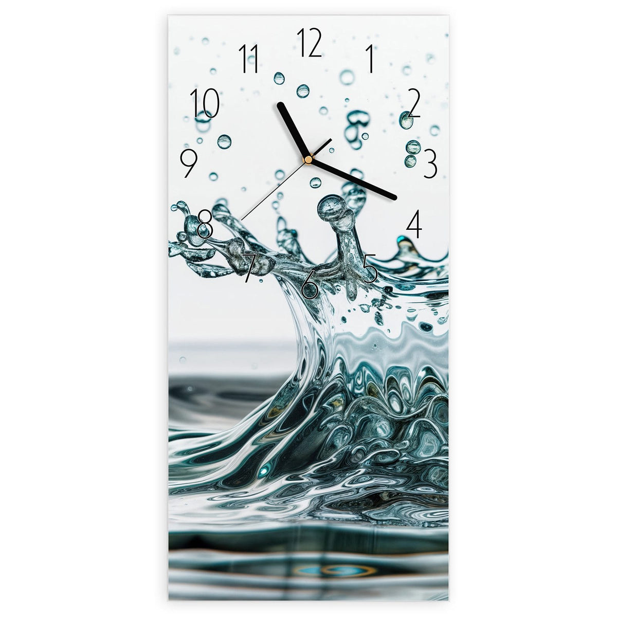 Wanduhr aus Glas, Ziffernblatt Elegant mit Motiv Spritzende Wasserkrone: Eine aufspritzende Wasserkrone mit fliegenden Tropfen über einer ruhigen Wasserfläche #ziffernblatt_Elegant