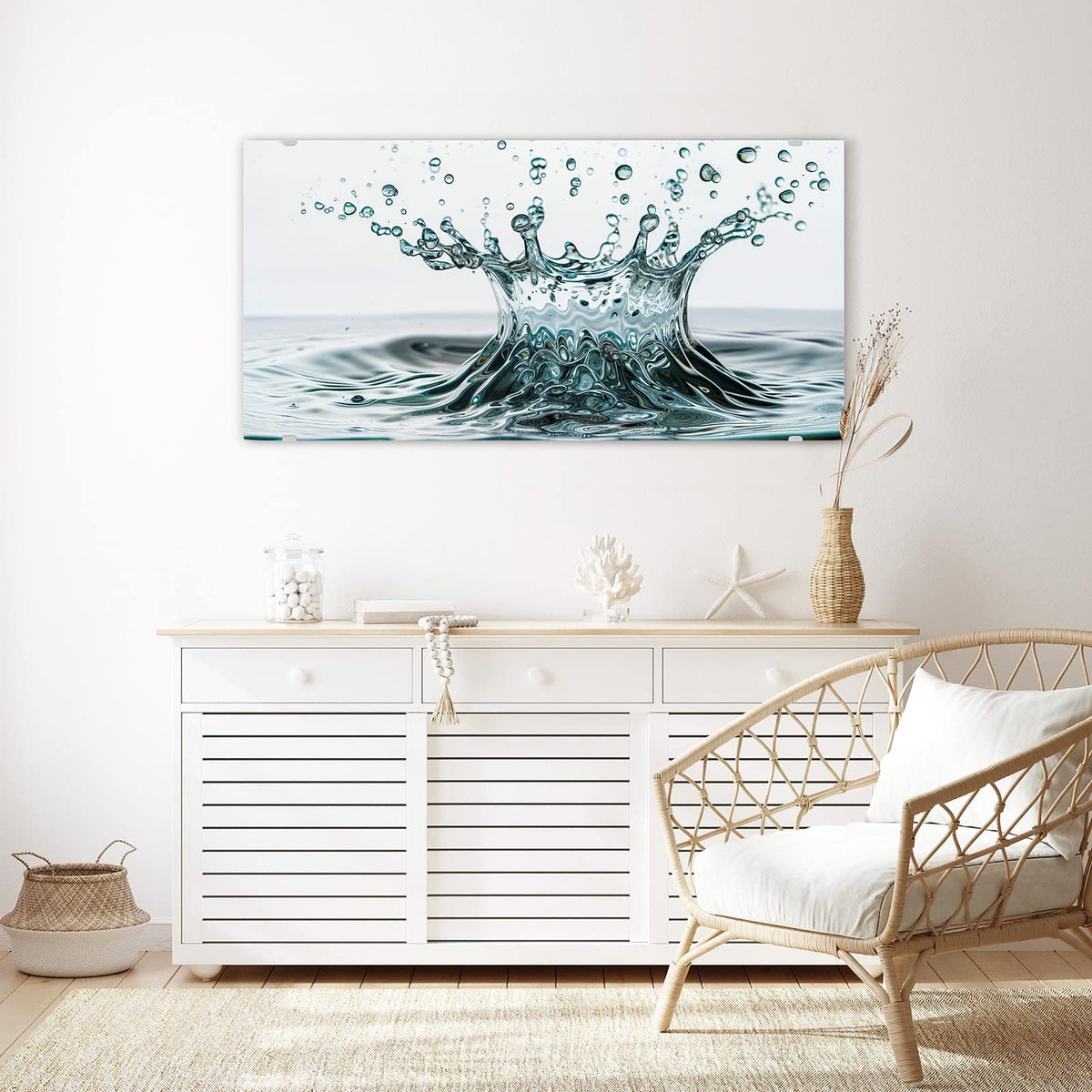 Echtglas, 4 mm – kein Acryl, keine Folie – Wandbild - Spritzende Wasserkrone - Querformat