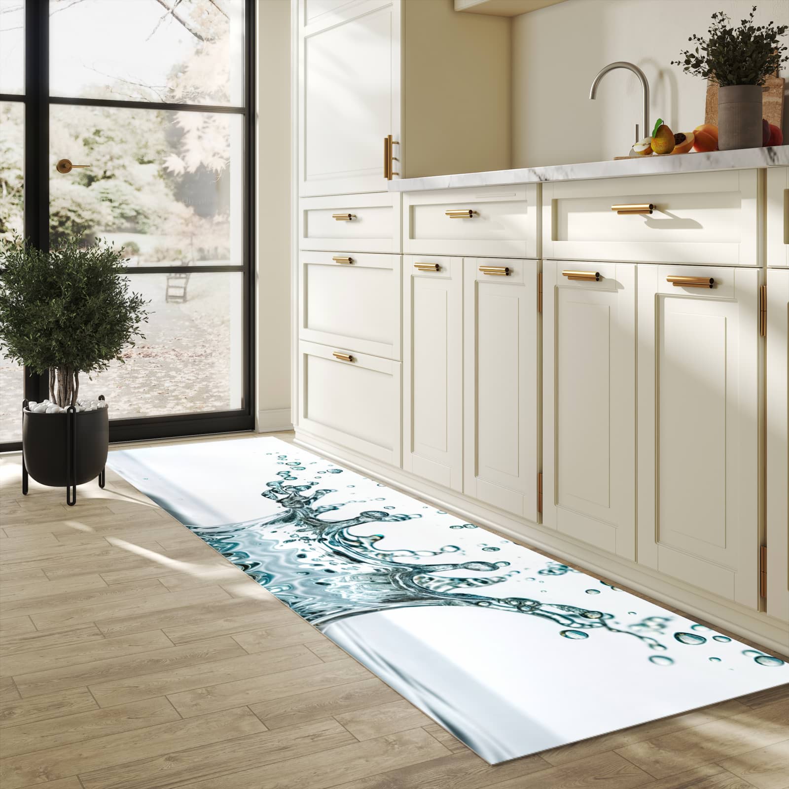 Langlebiger Küchenteppich mit Motiv Wassertropfen Splash in heller Küche