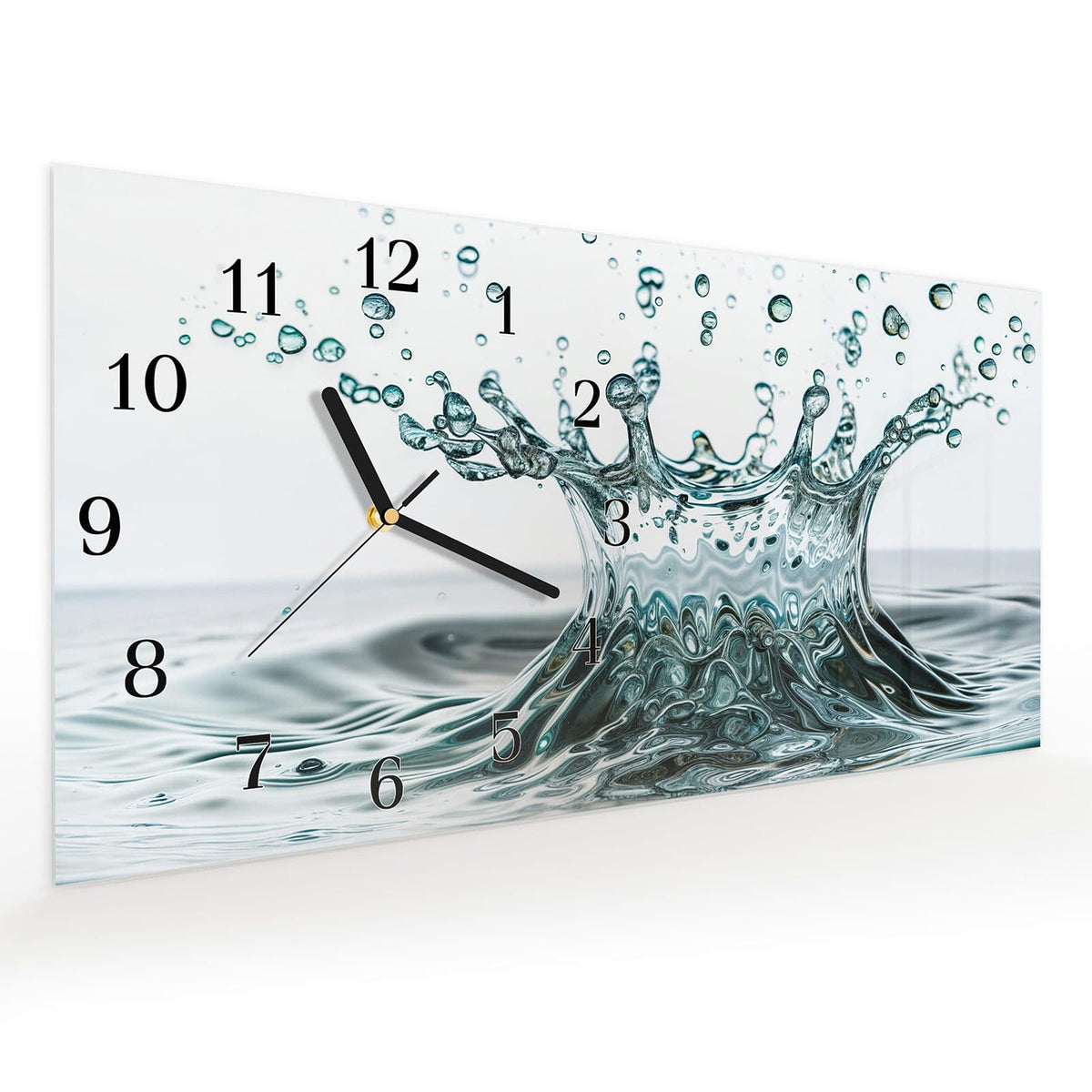 Vormontiert – mit Schwebeeffekt – Wanduhr Wassertropfen Spritzer aus Glas – Querformat 60 × 30 cm