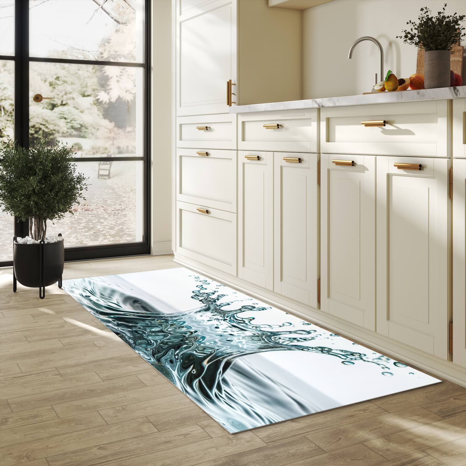 Feuchtigkeitsresistenter Teppich für die Küche mit Motiv Wassertropfen Splash in heller Küche