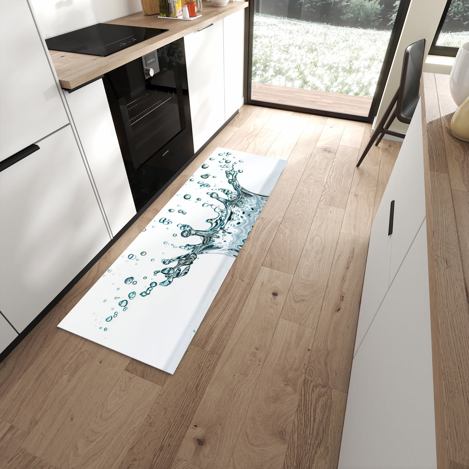 Fleckenresistenter Küchenteppich mit Motiv Wassertropfen Splash in moderner Küche