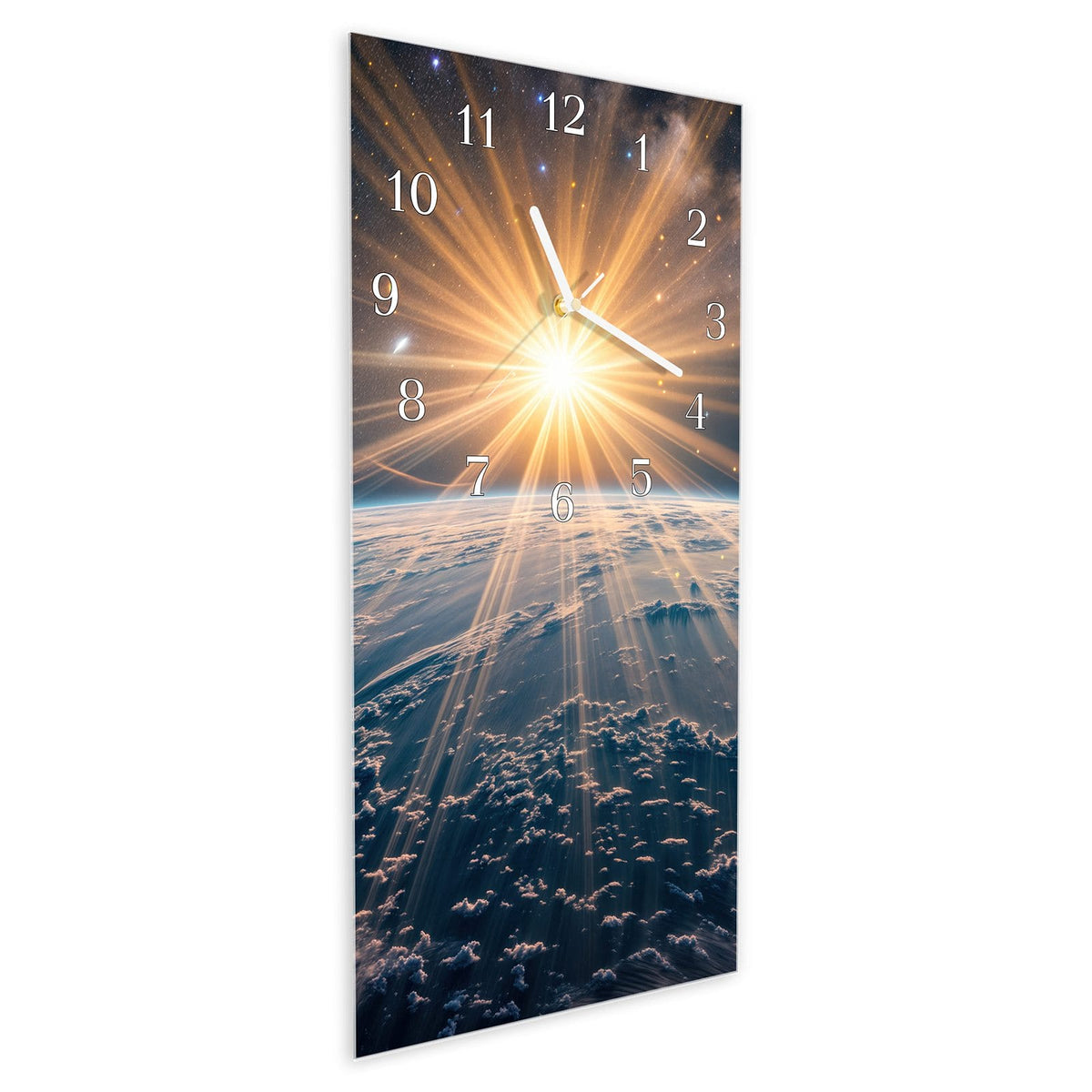 Vormontiert – mit Schwebeeffekt – Wanduhr Sonnenaufgang über Erde aus Glas – Hochformat 30 × 60 cm