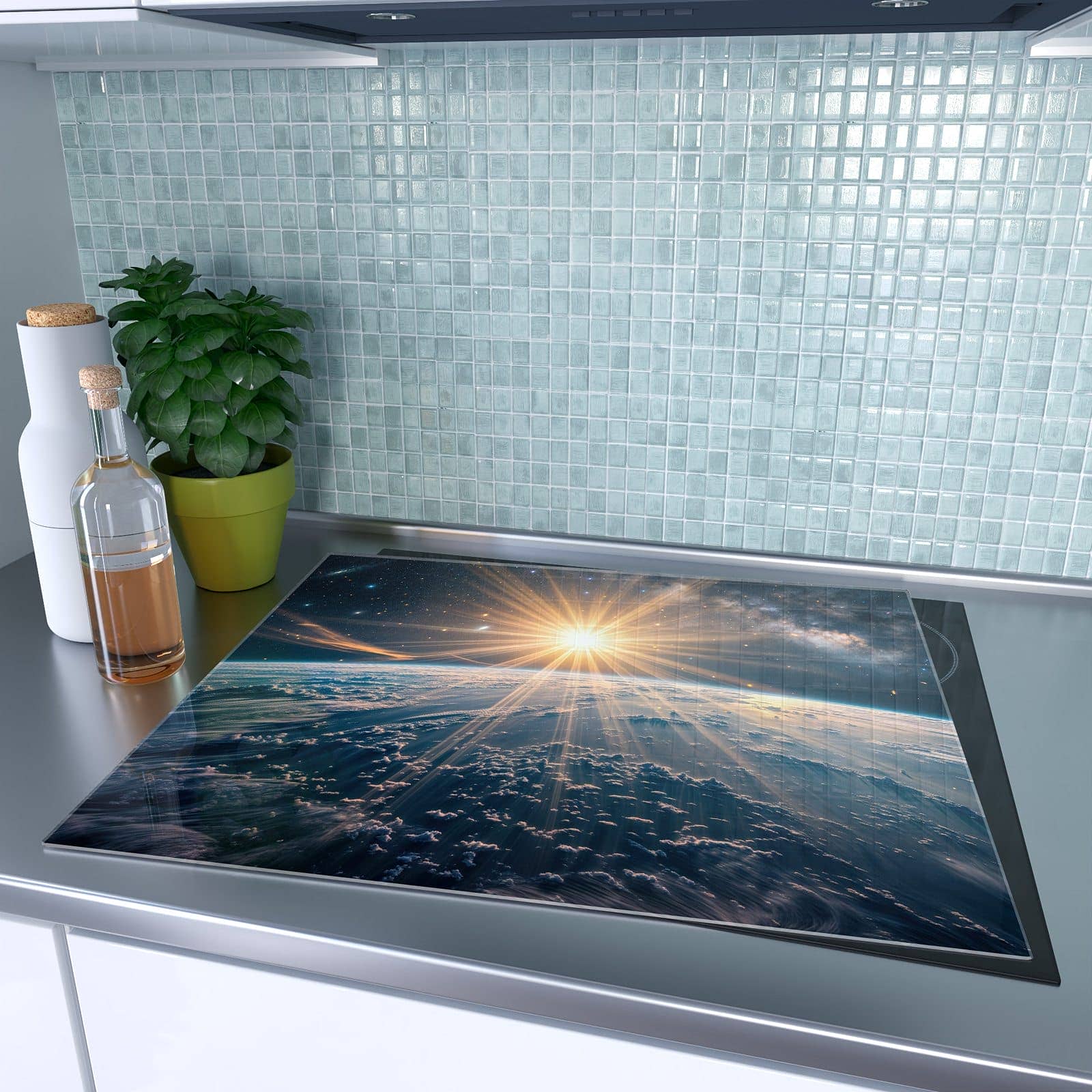 1-teilige Herdabdeckplatte aus Glas mit Sonnenaufgang über Erde-Motiv auf dem Ceranfeld