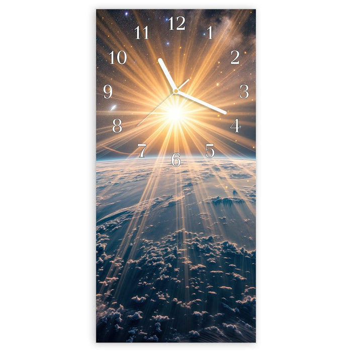 Wanduhr Sonnenaufgang über Erde aus Glas – Hochformat 30 × 60 cm mit Ziffernblatt Klassisch
