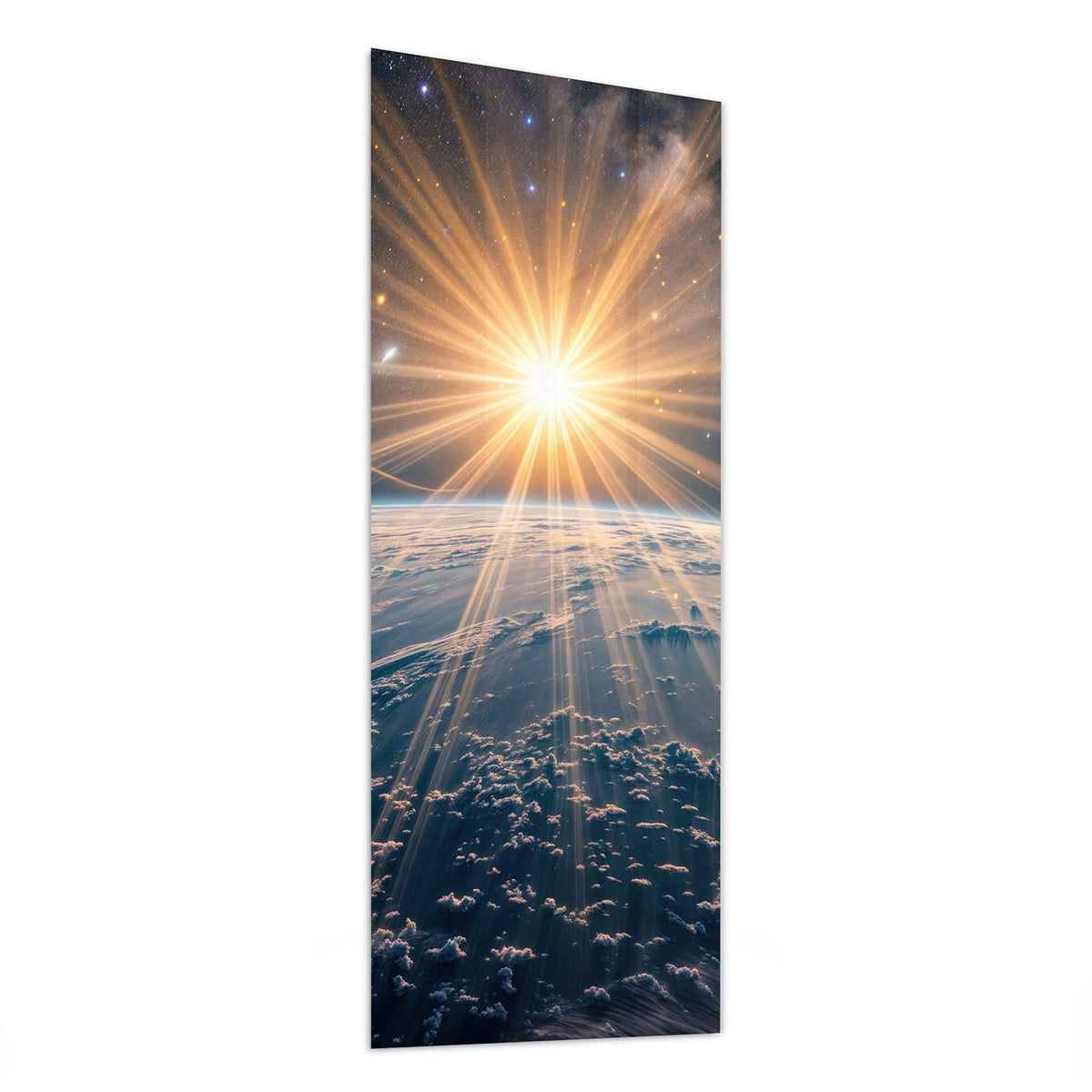 Glasbild Sonne über blauer Erde von der Seite, 4 mm Echtglas