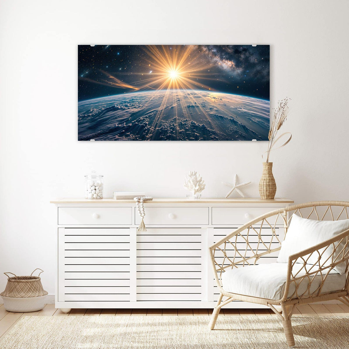 Echtglas, 4 mm – kein Acryl, keine Folie – Wandbild - Sonne über blauer Erde - Querformat