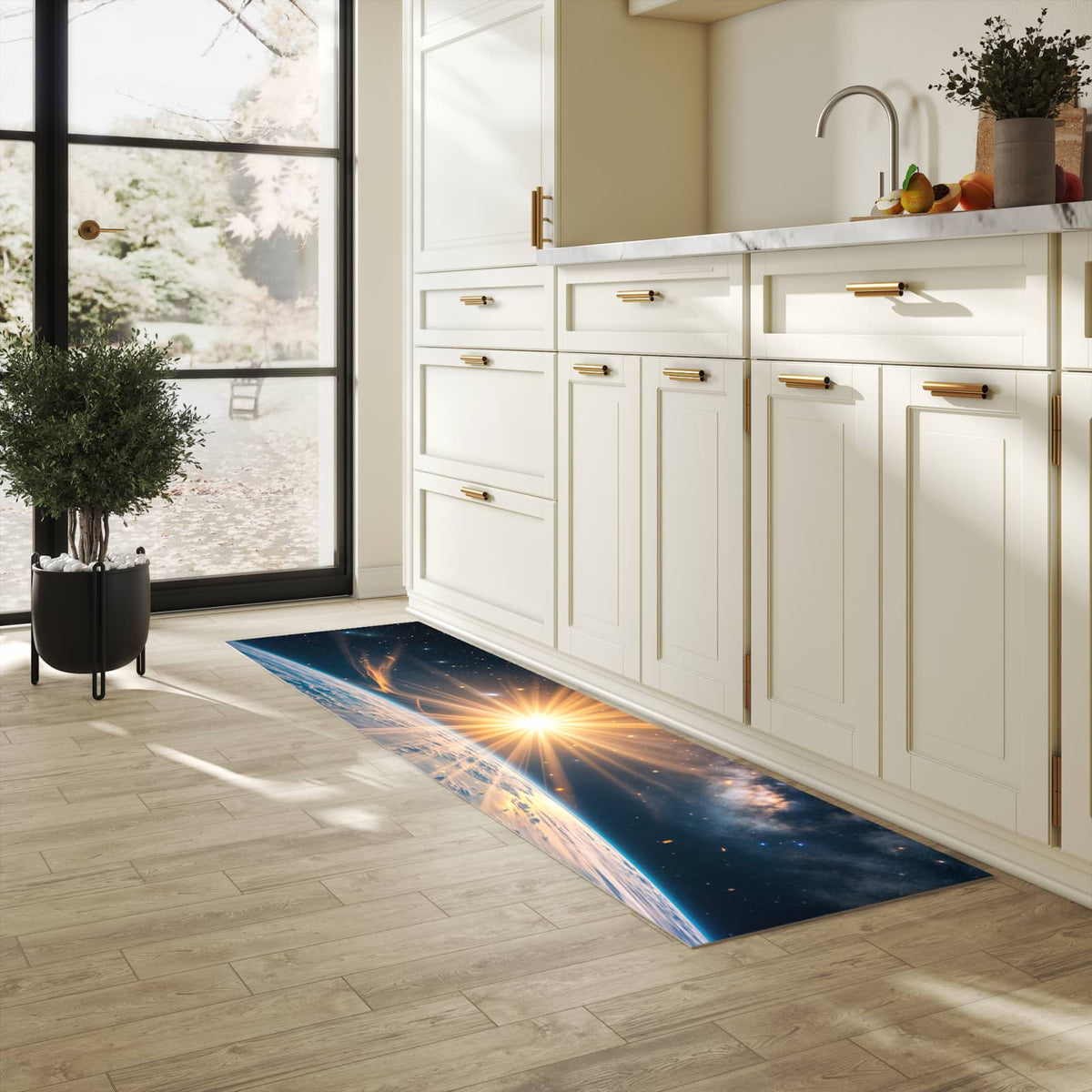 Waschbarer Küchenteppich mit Motiv Erde von Sonnenaufgang in heller Küche für sichere Aufbewahrung