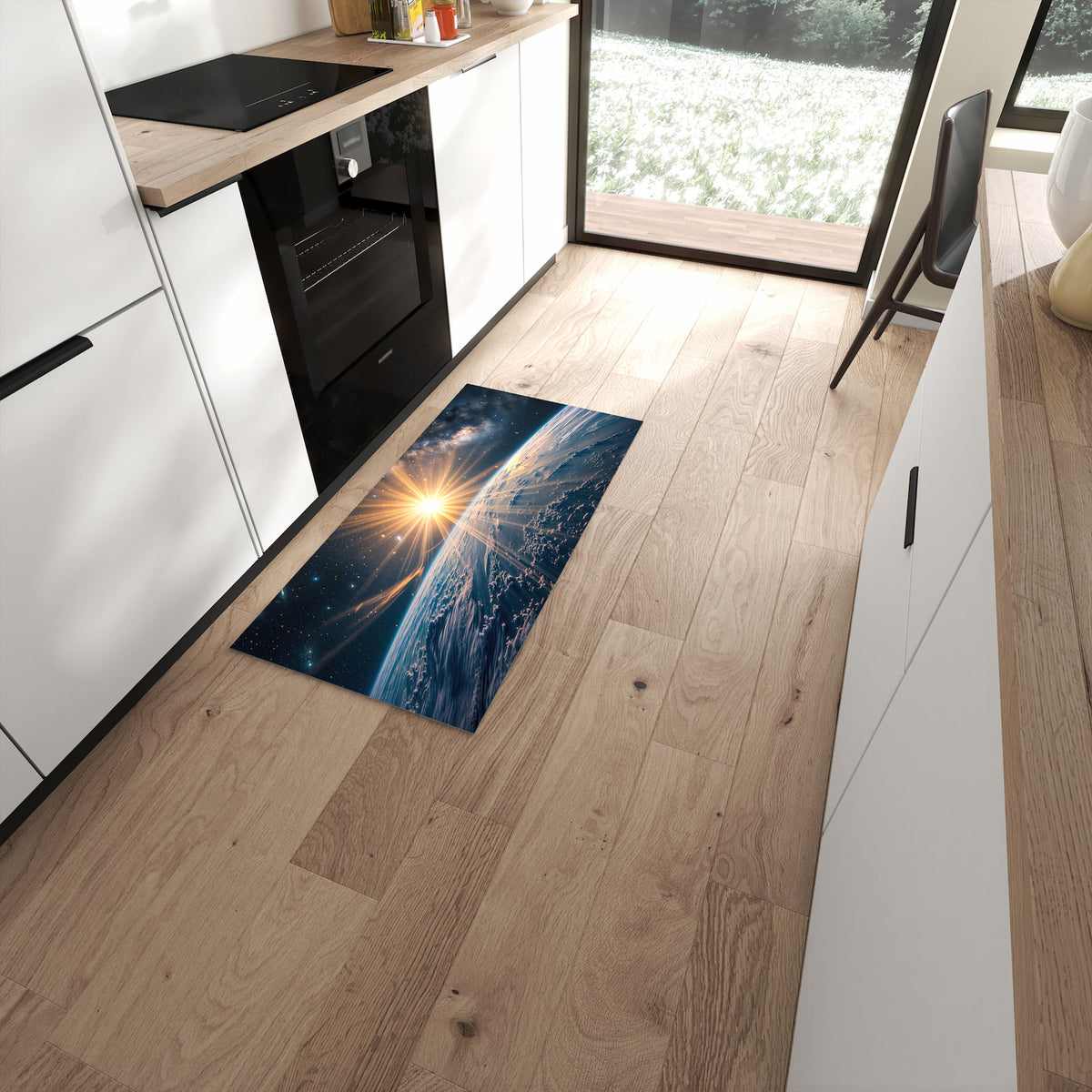 Langlebiger Küchenläufer mit Motiv Erde von Sonnenaufgang in moderner Küche #grösse_60 x 120 cm