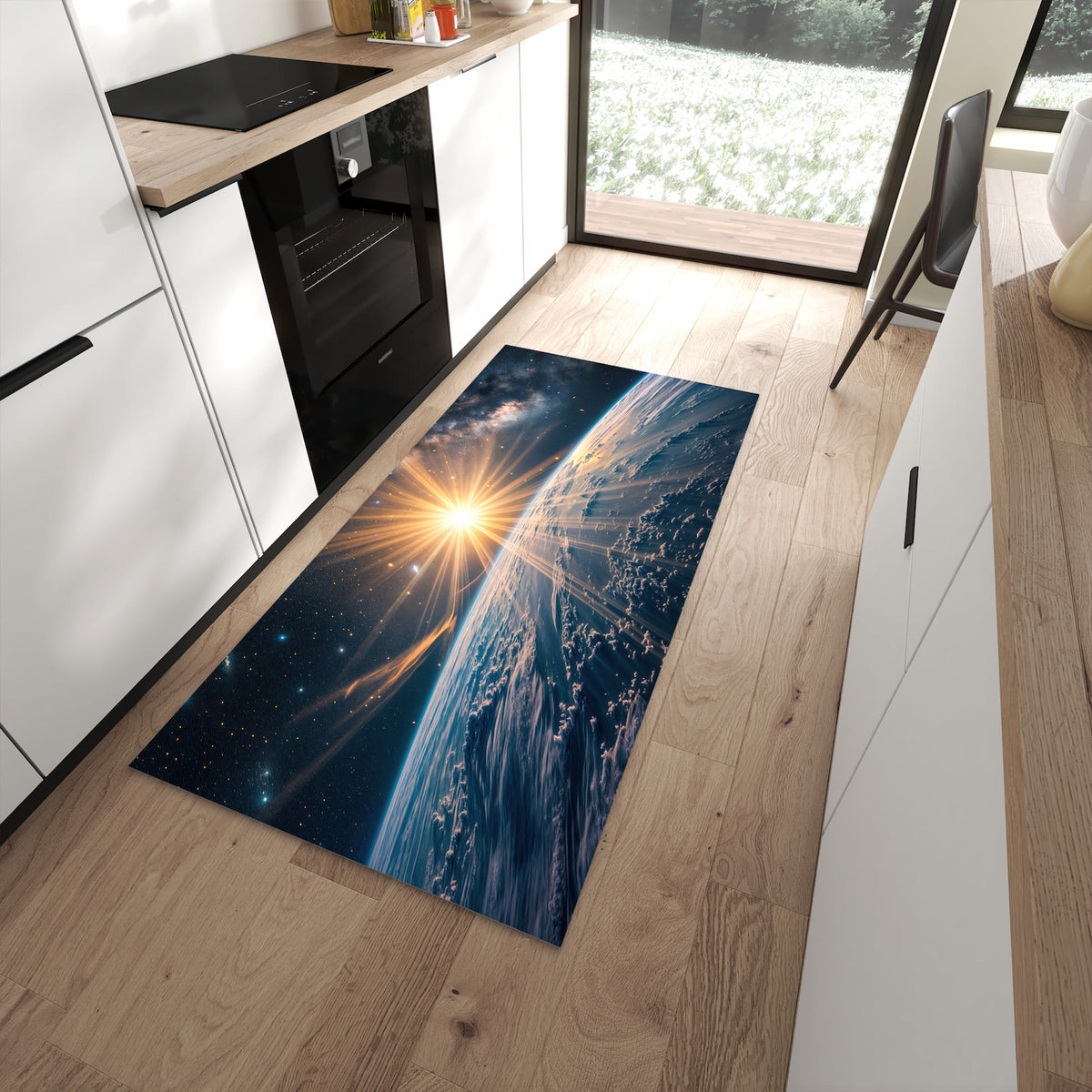 Abriebfester moderner Küchenläufer mit Motiv Erde von Sonnenaufgang in moderner Küche