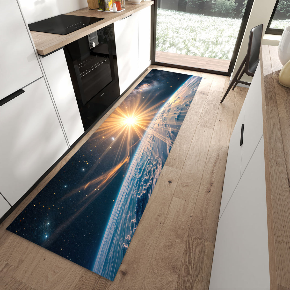 Zeitsparender Küchenläufer nach Maß mit Motiv Erde von Sonnenaufgang in moderner Küche