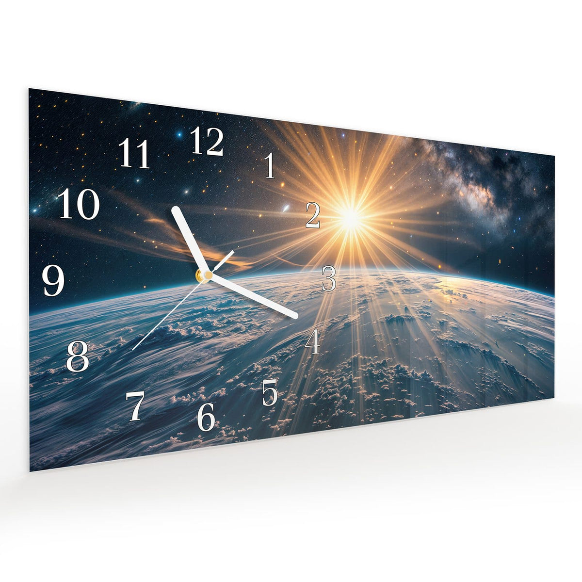 Vormontiert – mit Schwebeeffekt – Wanduhr Sonnenaufgang über Erde aus Glas – Querformat 60 × 30 cm