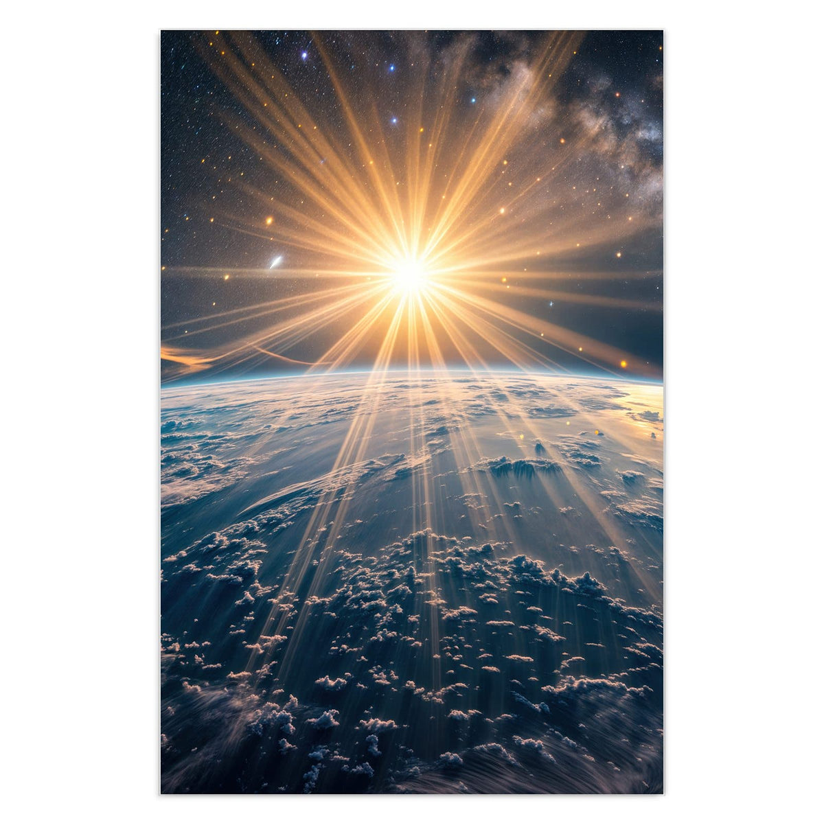 Strahlende Sonne als Stern über blauem Erdhorizont, Milchstraße im Hintergrund