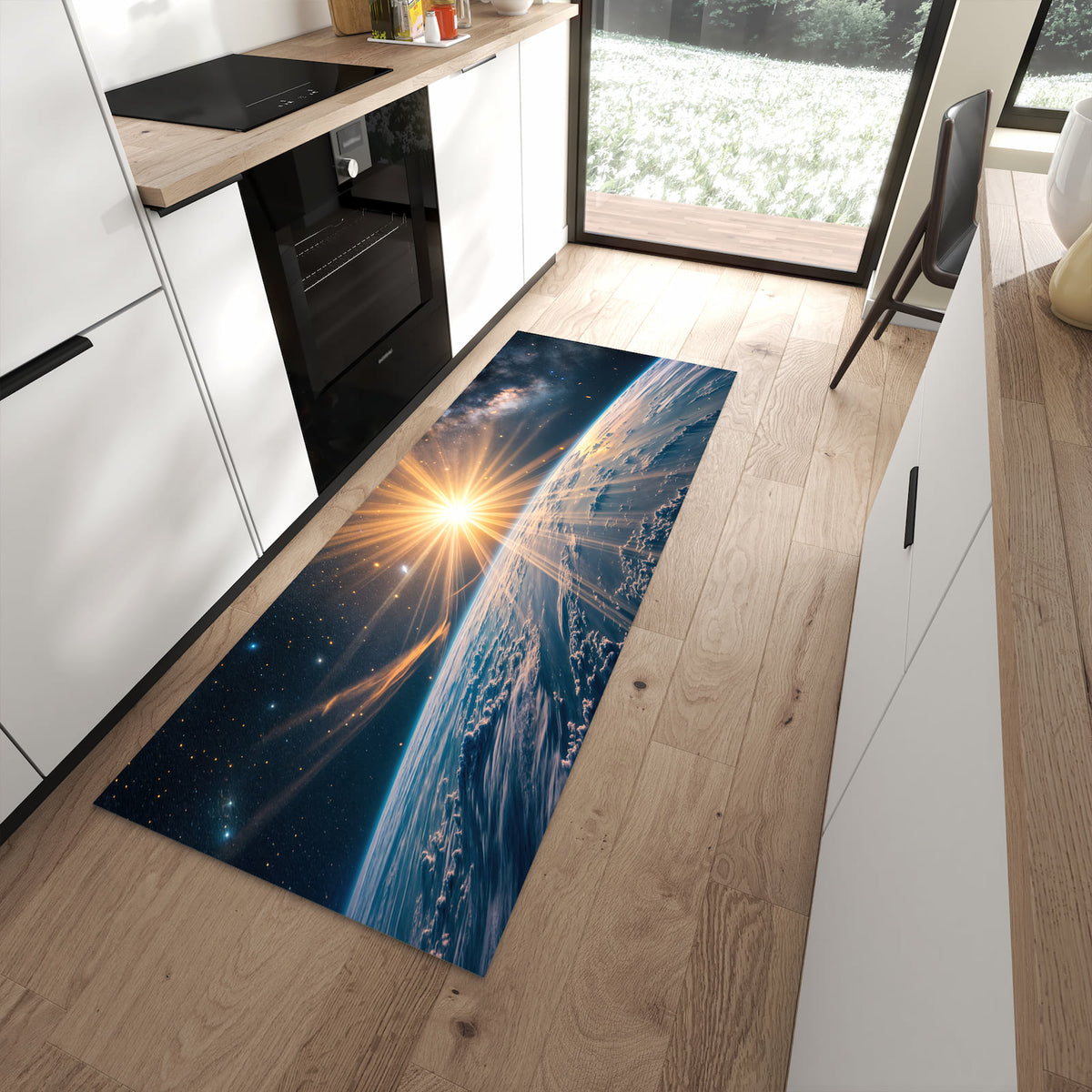 Formstabiler rutschfester Küchenläufer mit Motiv Erde von Sonnenaufgang in moderner Küche